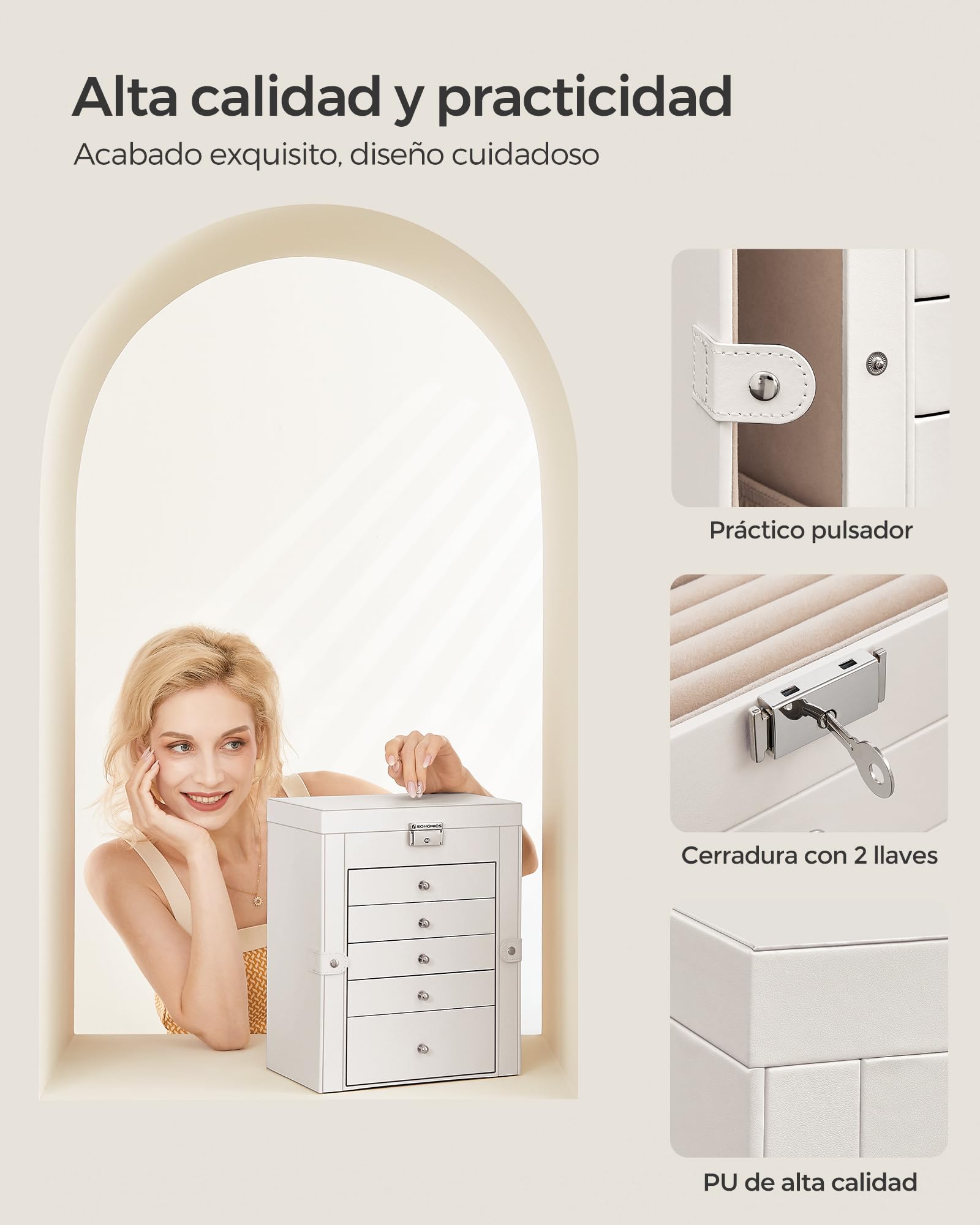 SONGMICS Caja Joyero de 6 Niveles, 5 Cajones, con Espejo y Cerradura, Blanco JBC152W01