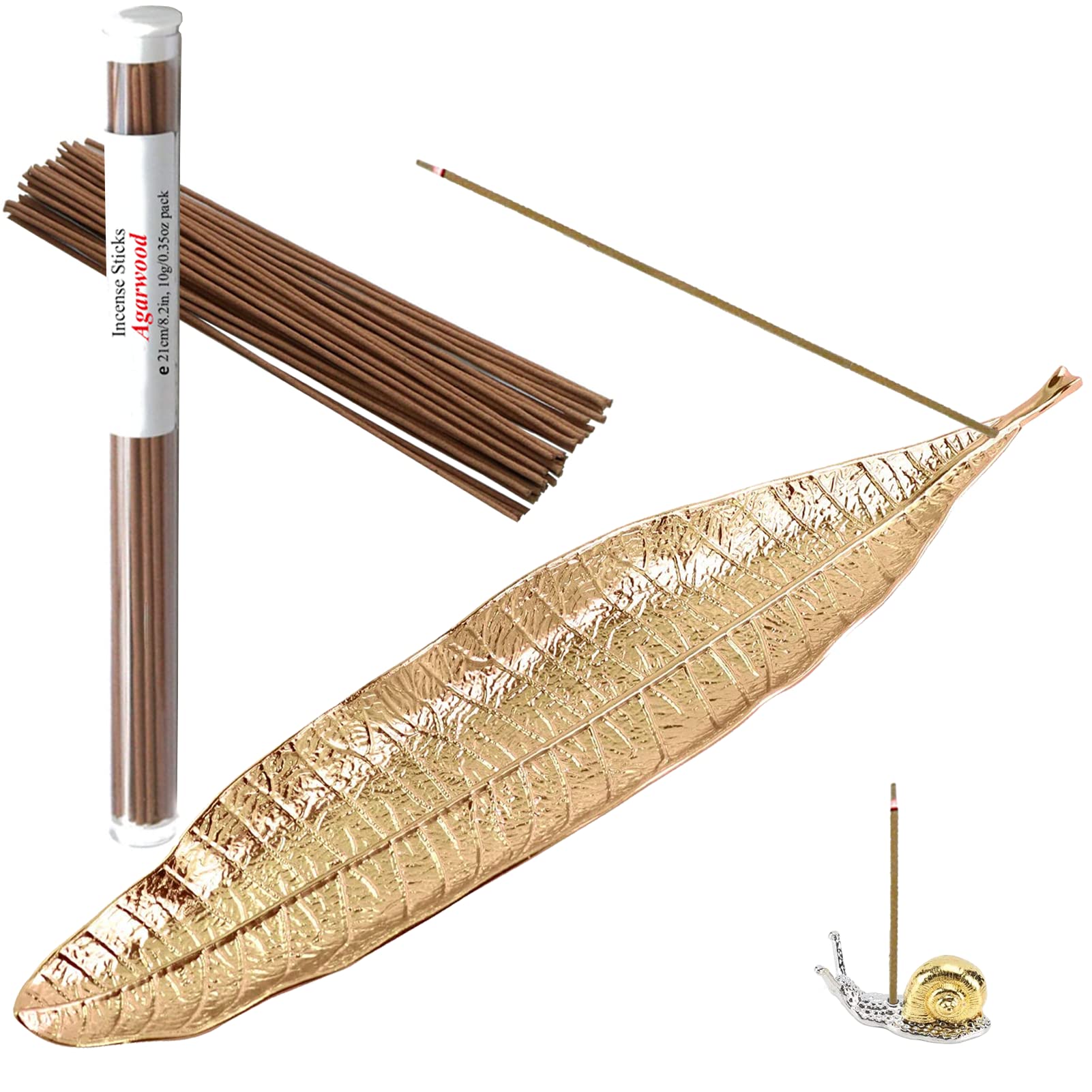U-MATEAlloy Lucky Leaf and Cute Snail Incense Stick Holder Burner Ash Catcher Set, Oriental Aroma Kodo, Incense Holder Burner, for Decor Meditation Room Home Office Yoga SPA, Color: Gold