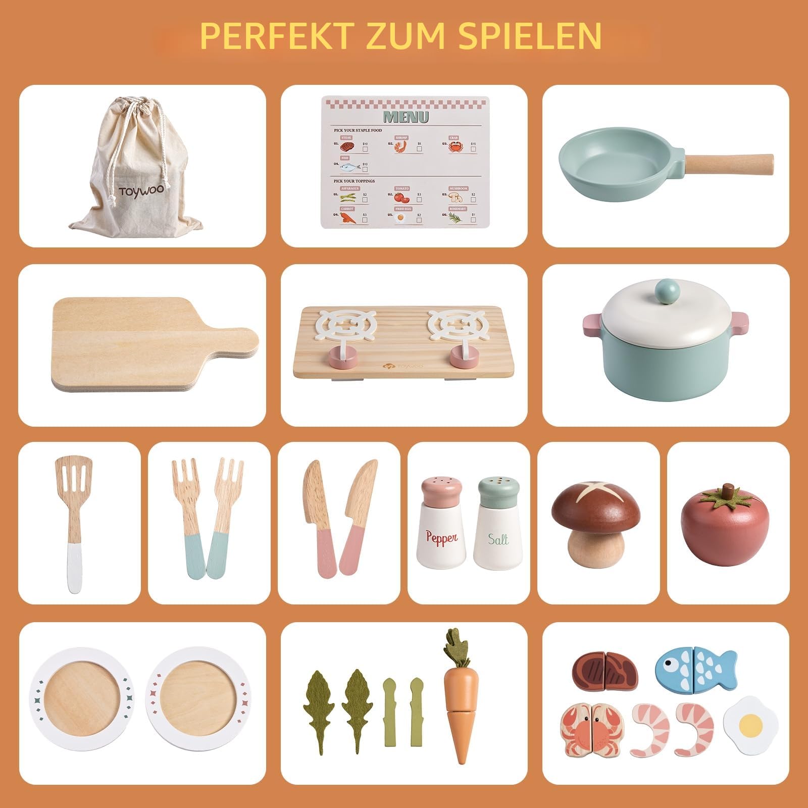 Holzspielzeug-Küchenzubehör, Topf- und Pfannenspielset für Kinder, Küchenspielset mit Spielzeugherd, Küchenspiele für Kleinkinder, Kinder-Essensspielzeug, 3-5