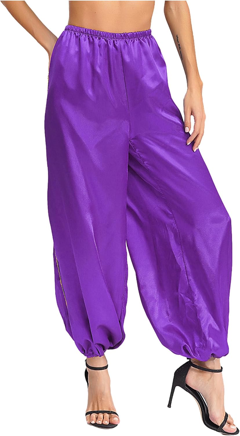 Freebily Women's Satin Silky Pants Arabian Prince Pants Loose Fit Halloween Belly Dance Trousers
