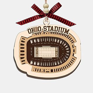 Columbus Football Stadium Wooden Ornament, Ohio College Stadium 4 Layer Wood Christmas Tree Ornament with Red Bow and Beads, Travel Souvenir Gift for Sports Fans Friends
