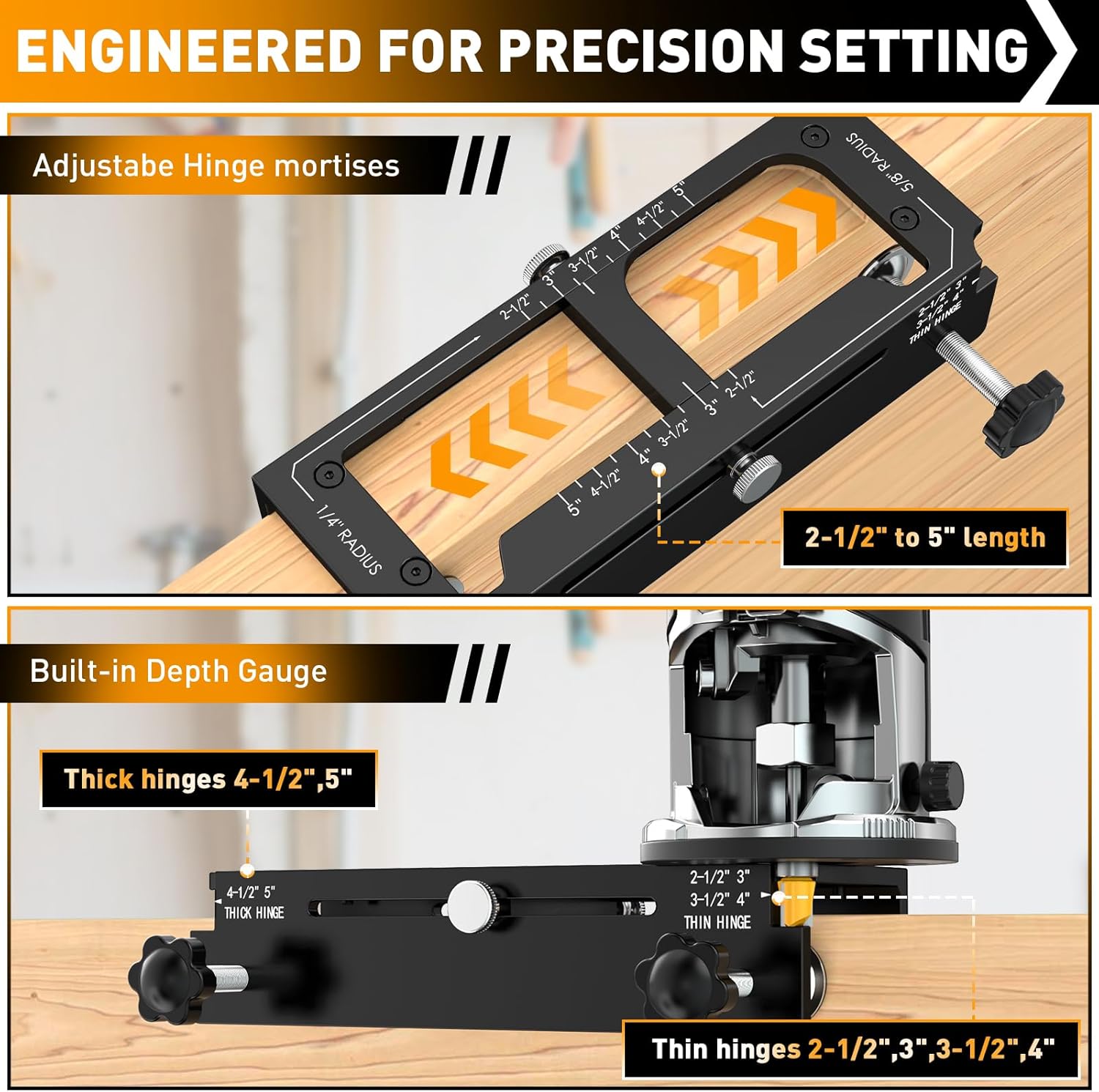 Door Hinge Jig, Door Hinge Router jig for Doors Only, Aluminum Alloy Door Hinge Template Mortise jig Kit for Router, Fits 2.5" to 5" Hinges, 1/4" Radius, 5/8" Radius, Square Corner Type, Not for Jamb