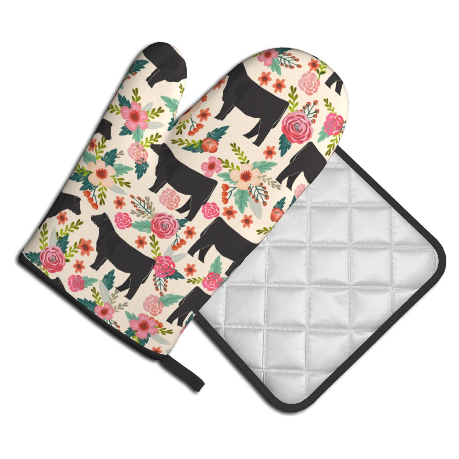 Oven Mitts and Pot Holders Set of 2 Pcs, Flower Show Steer Cows Cattle Printed Heat Resistant Kitchen Gloves Potholders for Cooking Baking Grilling