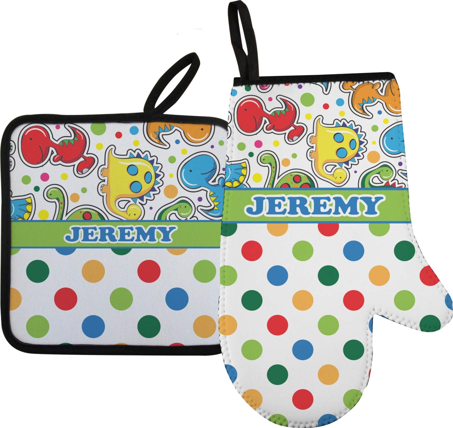 YouCustomizeIt Personalized Dinosaur Print & Dots Right Oven Mitt & Pot Holder Set w/Name or Text