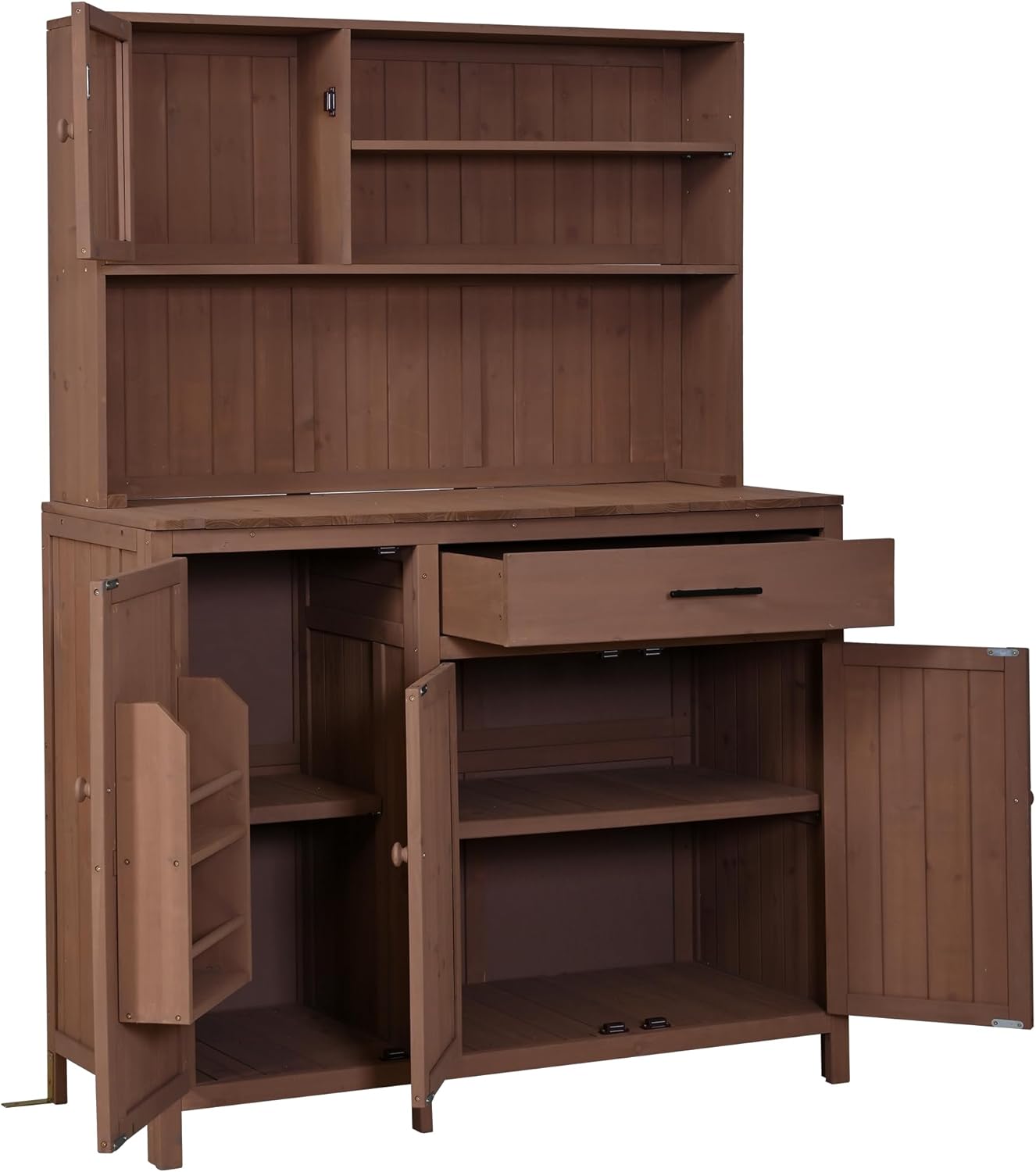 Outdoor Potting Bench Table with Hutch, 65''H Solid Fir Wood Garden Workstation with Large Countertop,Drawer, Cabinets and Adjustable Shelves, Brown
