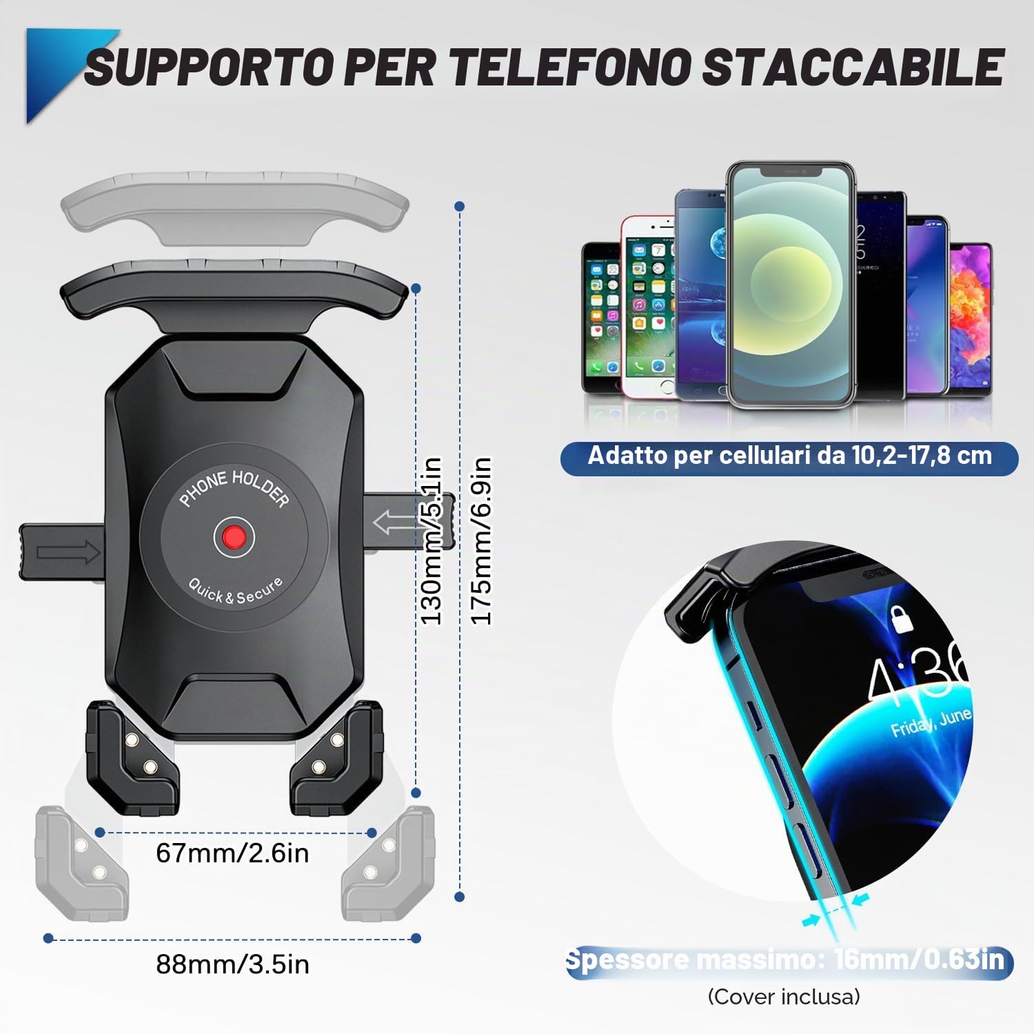 Porta Cellulare Moto, 360 Gradi Rotabile Porta Telefono Moto Antivibrazione Supporto Cellulare Scooter Specchietto Anti-shake Supporto Smartphone Scooter per Telefono da 4.0-7.0 Pollici (Nero)