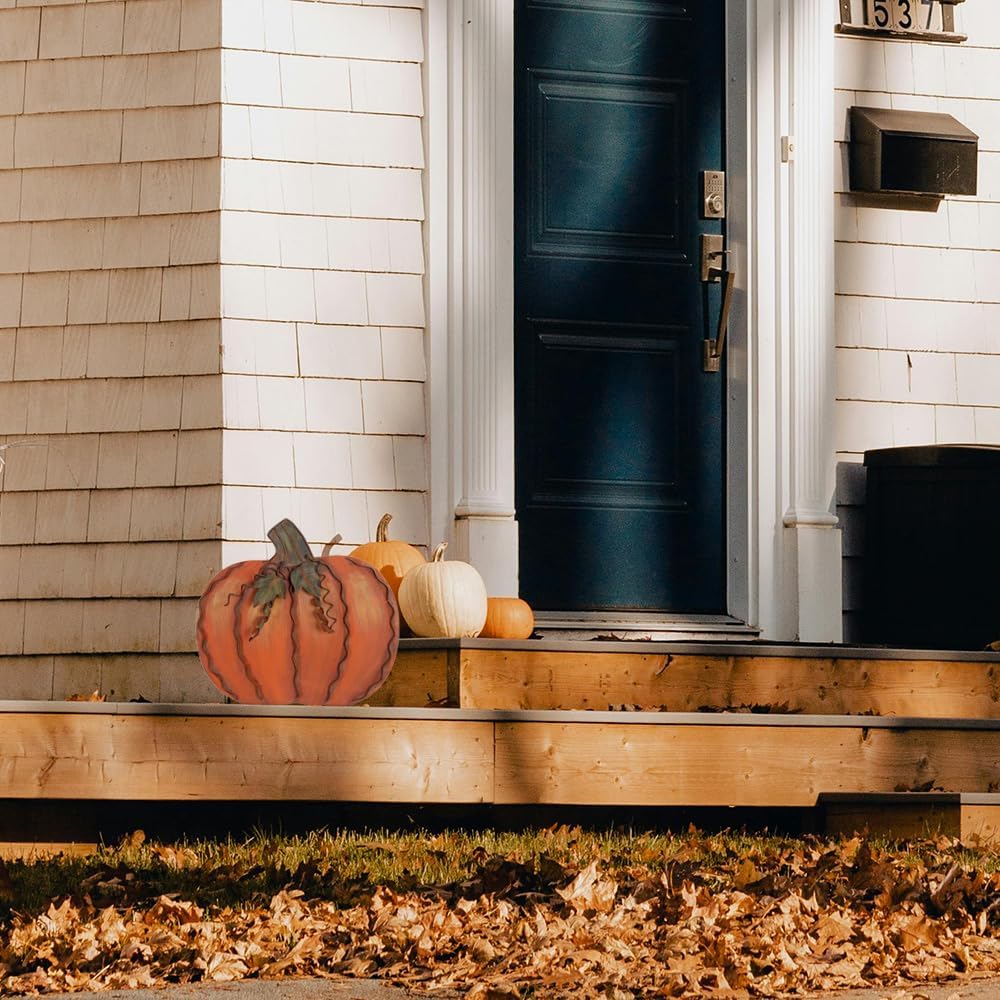 11.75"H Metal Pumpkin Fall Decorations for Home Indoor Outdoor Yard Sign Decorative Rustic Pumpkins with Stand for Garden Patio Porch Pathway Thanksgiving Autumn Harvest Seasonal Holiday Decor