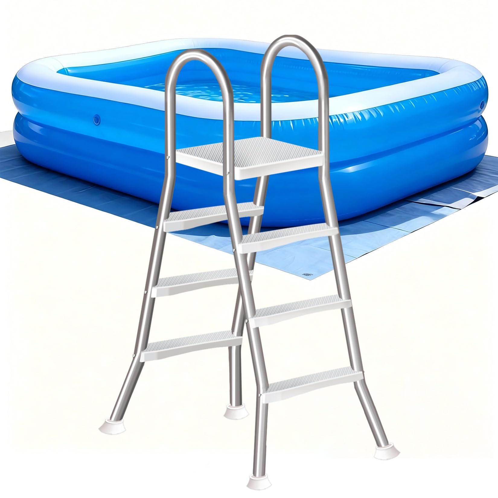 LHFJ 135cm Above Ground Pool Ladder 4 Step Steel A-Frame Swimming Pool Entry Exit Ladder Non Slip Wide Steps, Sturdy Heavy Duty Support Frame Weight Capacity 250kg,110CM