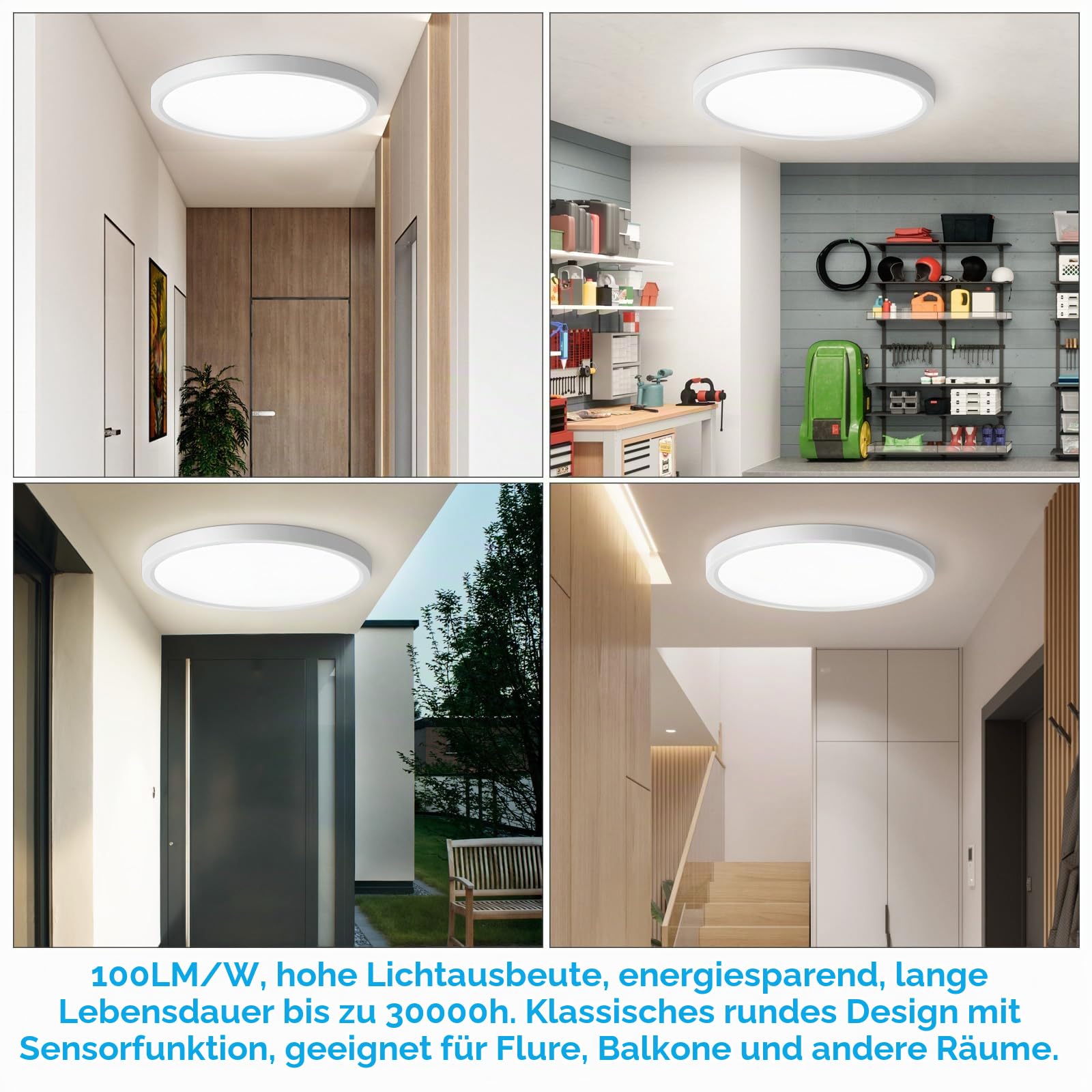 [4 Stücke LED Deckenleuchte mit Radar Bewegungsmelder, 24W 2400LM LED Lampe mit Bewegungsmelder Innen Rund, 4000K Deckenlampe für Flur, Balkon/Garage, Ø30CM