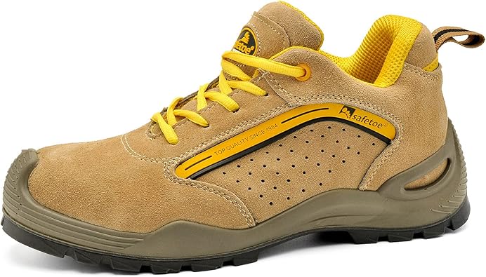 SAFEYEAR Breathable Leather Safety Shoes [CE Certified] - 7296 Lightweight Summer Site Trainers with 4E Wide Fit Steel Toe Cap Non Slip Work Boots Men & Women Lady Footwear