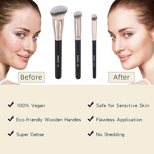Miniatura 3 de ENERGY Juego de brochas de maquillaje profesional, 3 piezas, brochas de detalles, cerdas sintéticas suaves, veganas, brochas de maquillaje facial