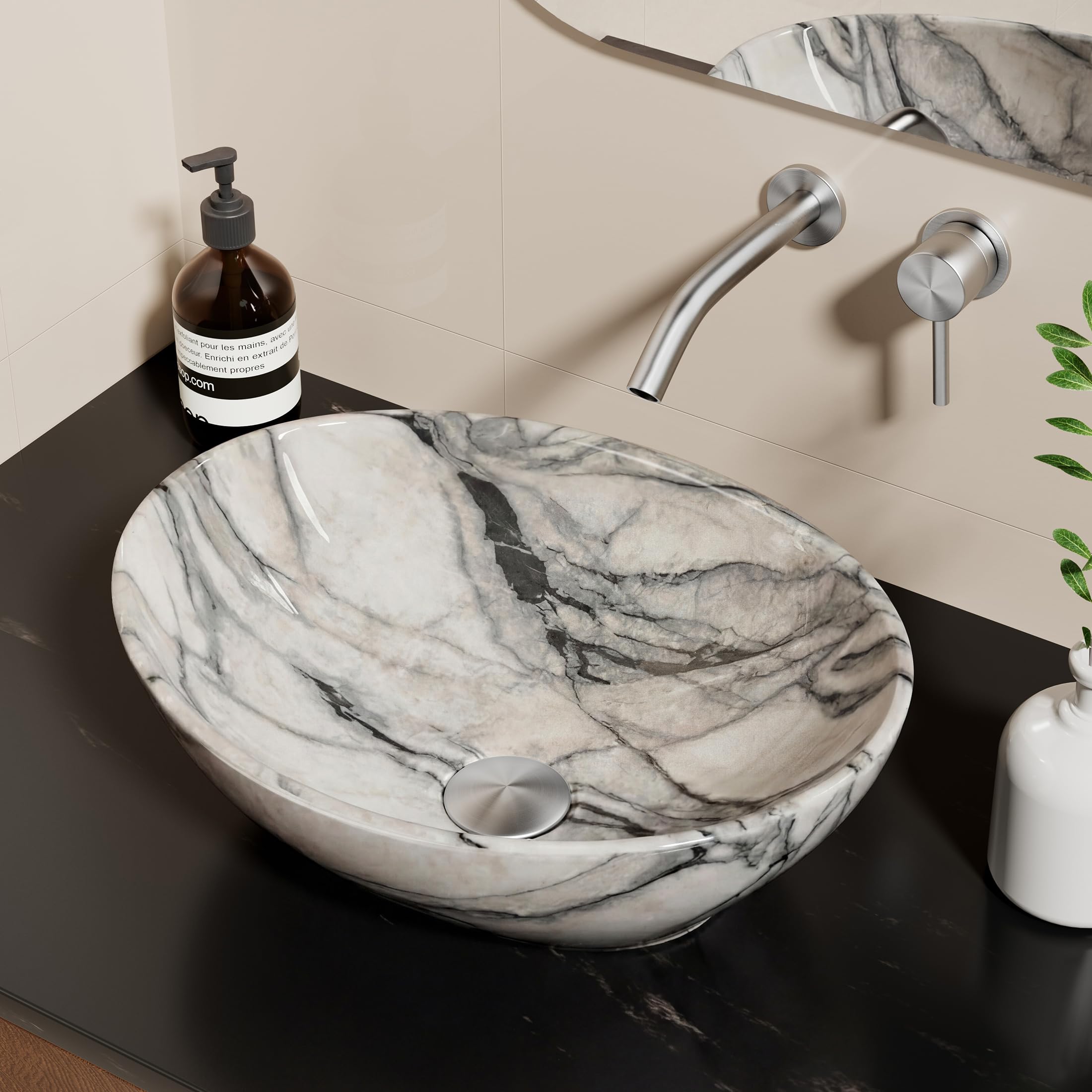 KES 16 x 13 Inch Oval Marble Pattern Vessel Sink Above Counter, Ceramic Porcelain Bathroom Sink Bowl for Vanity Countertop, Modern Look, No Overflow, Sink Only, BVS124-MG