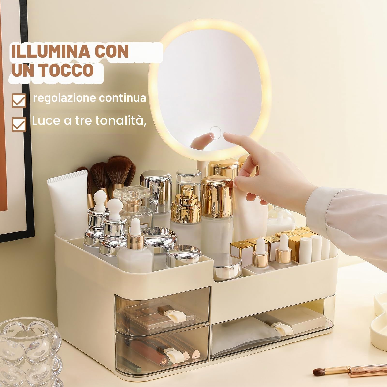 DASITON Organizer Trucchi con Specchio e 3 Cassetti, Porta Trucchi Organizer da Bagno, Porta Pennelli Make Up Organizzatore Trucchi, Organizer Cosmetici per Toeletta, Bagno, Camera da Letto (Crema)