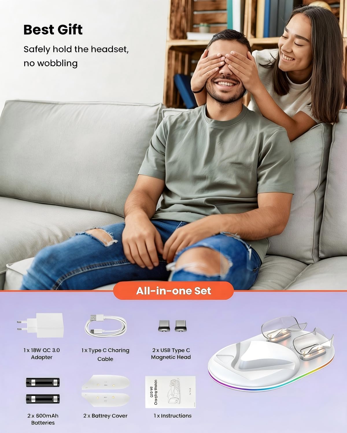 GEEKERA Base de Carga Compatible con Meta Quest 3S: Estación de Carga Magnética para Casco y Mandos, con Adaptador de 18 W, 2 Baterías Recargables y Luces RGB, Accesorios VR para Jugadores