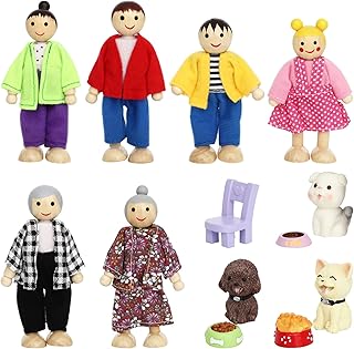 ONEST 13 Pieces Wooden Dollhouse Family Set Mini People Figures Dog Cat Sets Dollhouse Dolls Wooden Doll Family Pretend Play Figures Accessories for Pretend Dollhouse Toy