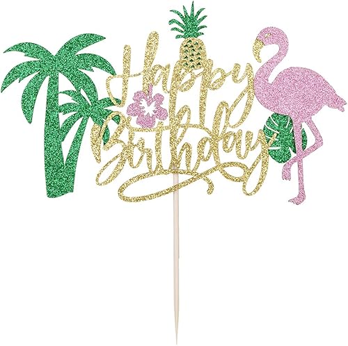 Miniatura 5 de PALASASA Decoración para tartas de cumpleaños con flamenco con purpurina, temática hawaiana de piña tropical Luau para niños y niñas, suministros de