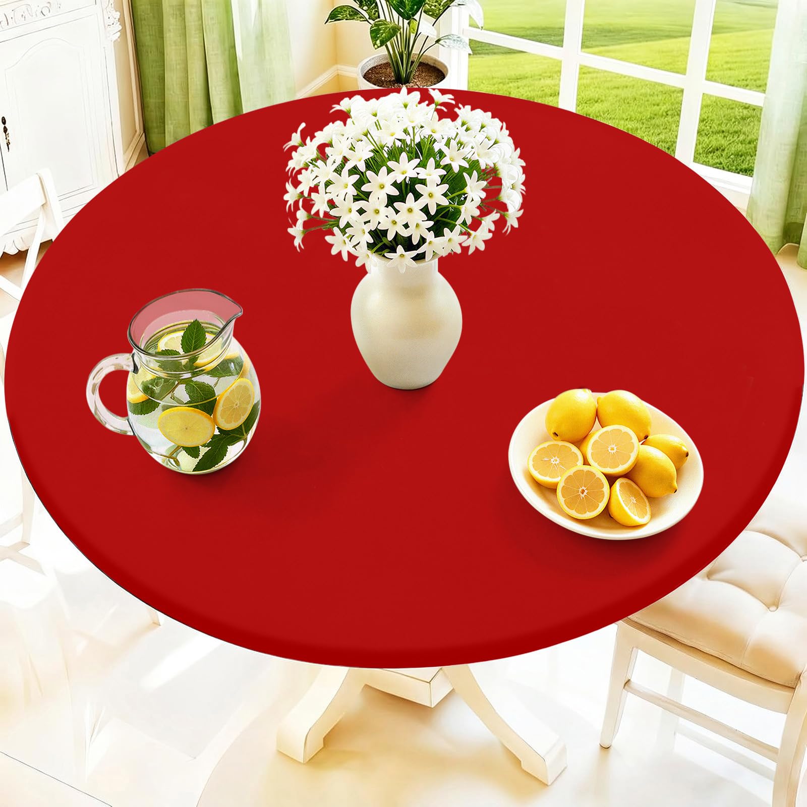 Moosfor Round Spandex Christmas Tablecloth, Elastic Fitted Waterproof Tablecloths for 45"-56" Tables, Stretch Washable Picnic Table Cover for Camping, Dining, Indoor and Outdoor, Red — image 1