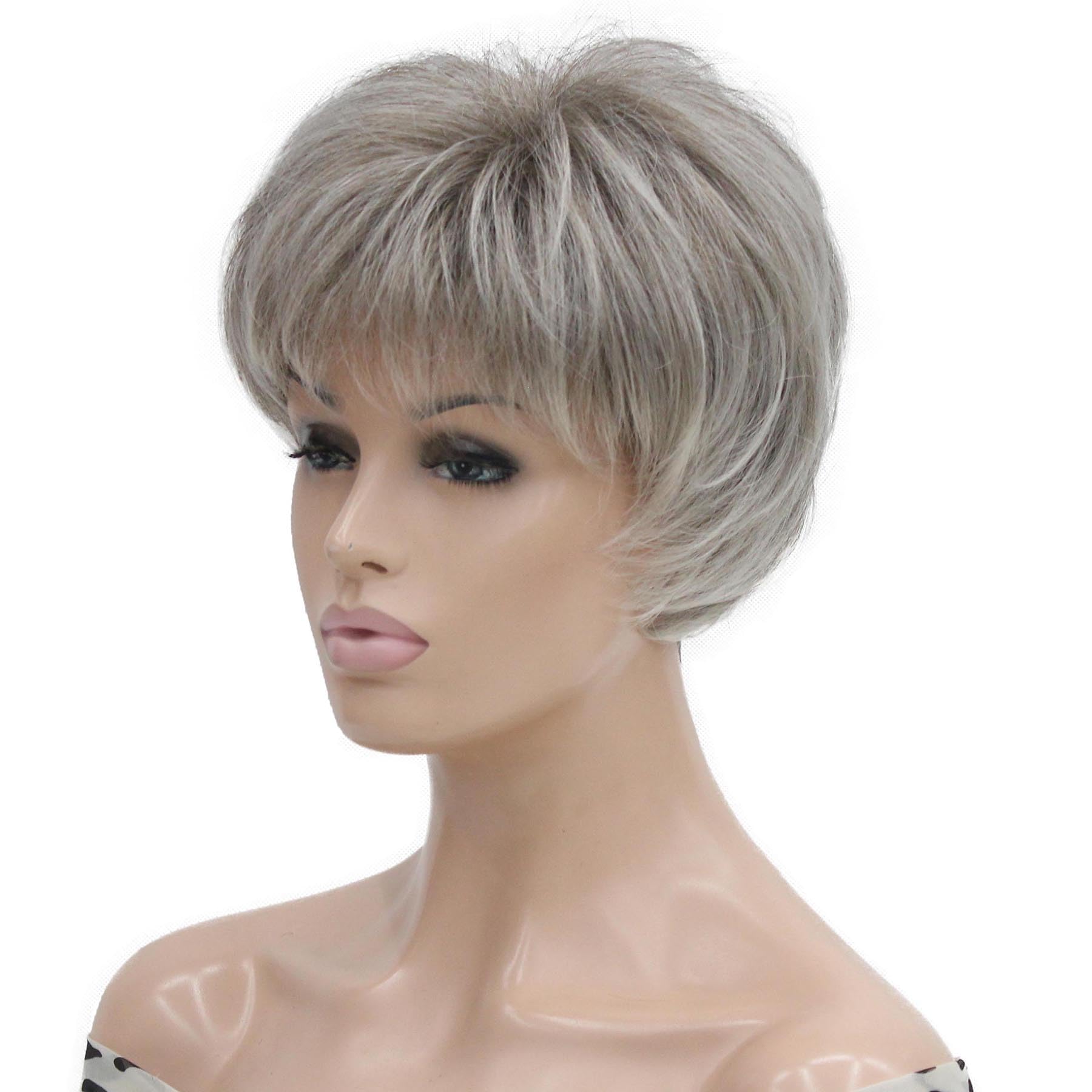 Lydell 6-8" Straight Short Bob Wig Layered Shaggy Flat Bangs Heat Resistant Synthetic Wigs 48T Light Gray with Dark Root - Image 2