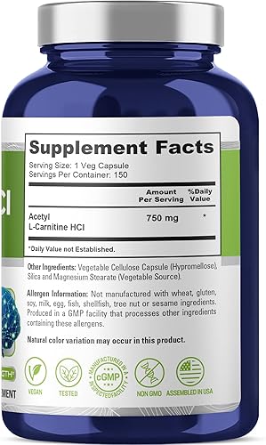 Miniatura 2 de NusaPure Acetil L-carnitina 750 mg por cápsula 150 cápsulas vegetales (sin OMG, sin gluten) Acetilo L Carnitina HCL de alta potencia (ALCAR)