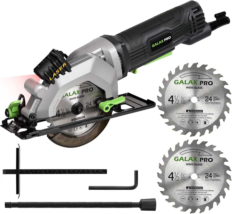 Serra circular, mini serra circular GALAX PRO 4Amp 3500RPM com guia a laser, profundidade máxima de corte 1-11/40.6 cm (90°), 1-1/20.3 cm (45°) serra compacta com lâmina TCT 24T de 4-1/5.1 cm