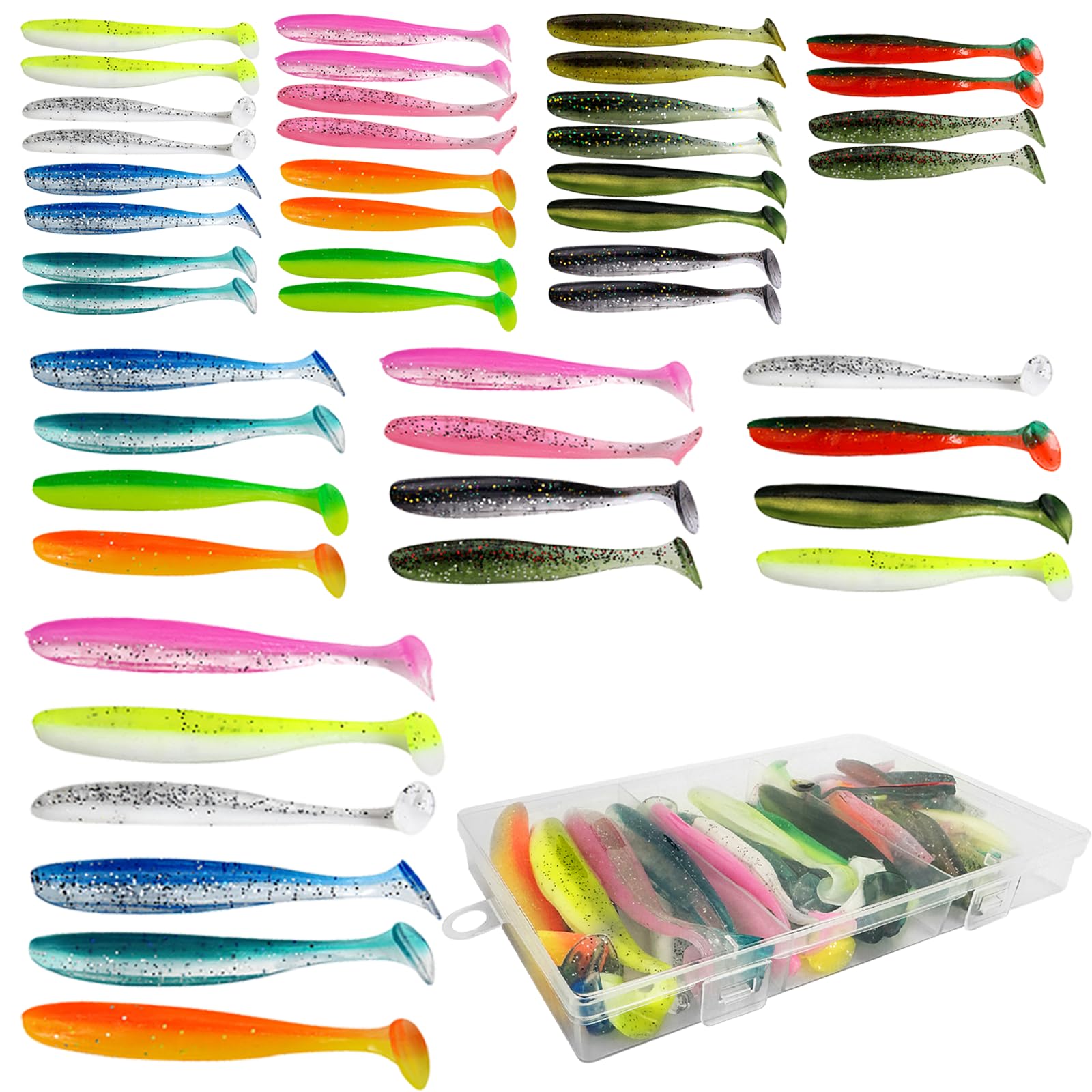 46 Stück Angelköder, Rubber Fishing Lure, Schwimmköder, Gummifische, Angelköder Kit, 6/9/12cm Gummifische Set, Gummiköder Set, Eingearbeitete Reflektierende Pailletten für Barsch Köder Zander Forelle
