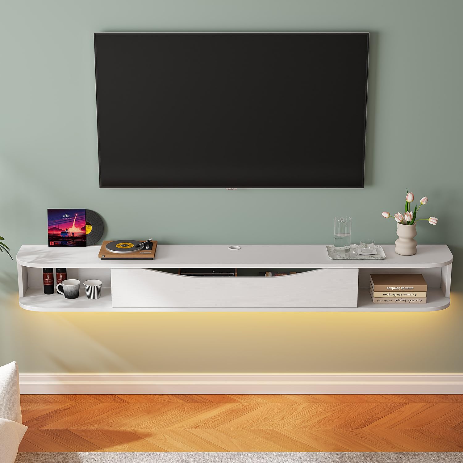 FurniNova Floating TV Stand,70'' Wall Mounted TV Cabinet,Floating TV Console,Under TV Shelf with 1 Door and 2 Cabinets for TVs up to 75''(White) - Image 6