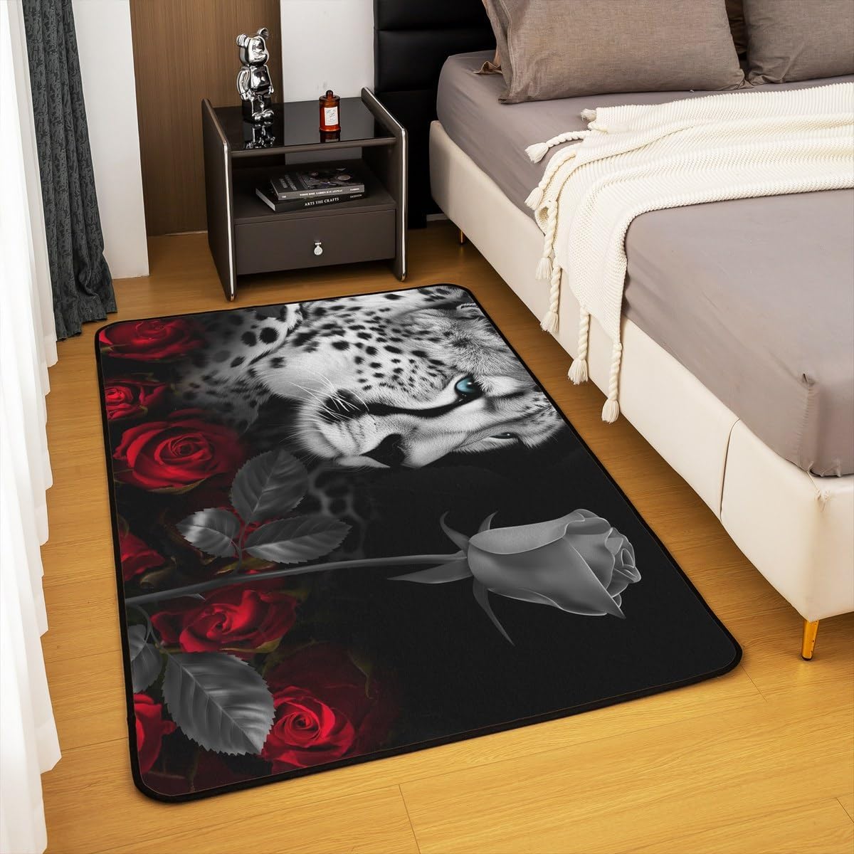 Leopard Area Rug 5x7 Red Rose Carpet African Safari Animals Accent Rug Set for Kids Adults Rose Floral Cheetah Print Jungle Indoor Floor Mat Bedroom Decor Living Room Bedside Dorm,Non Shedding