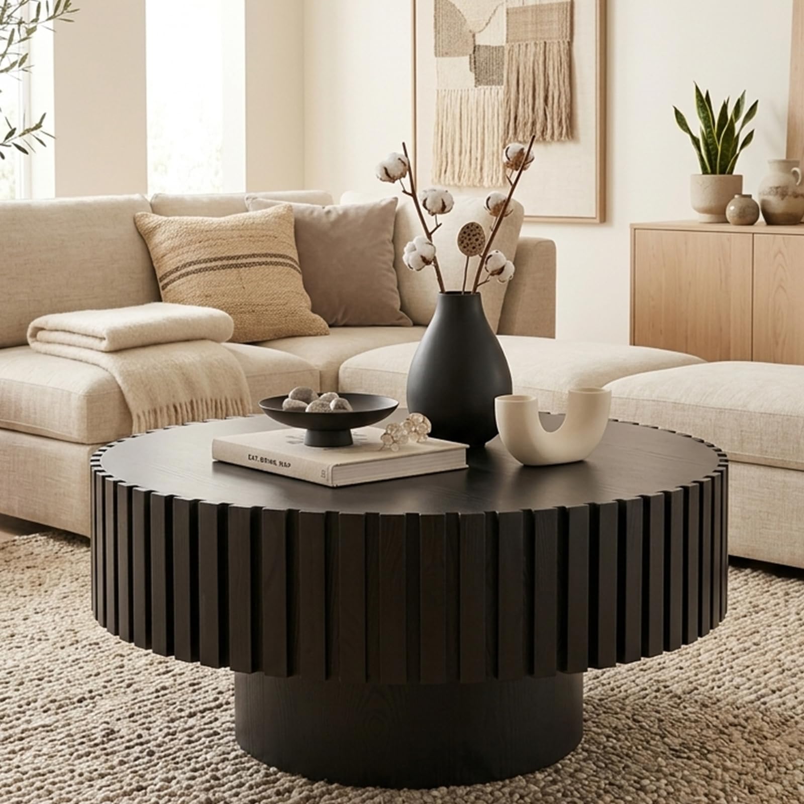 TYONGCOFF Round Wood Coffee Table, Modern Fluted Drum Center Table