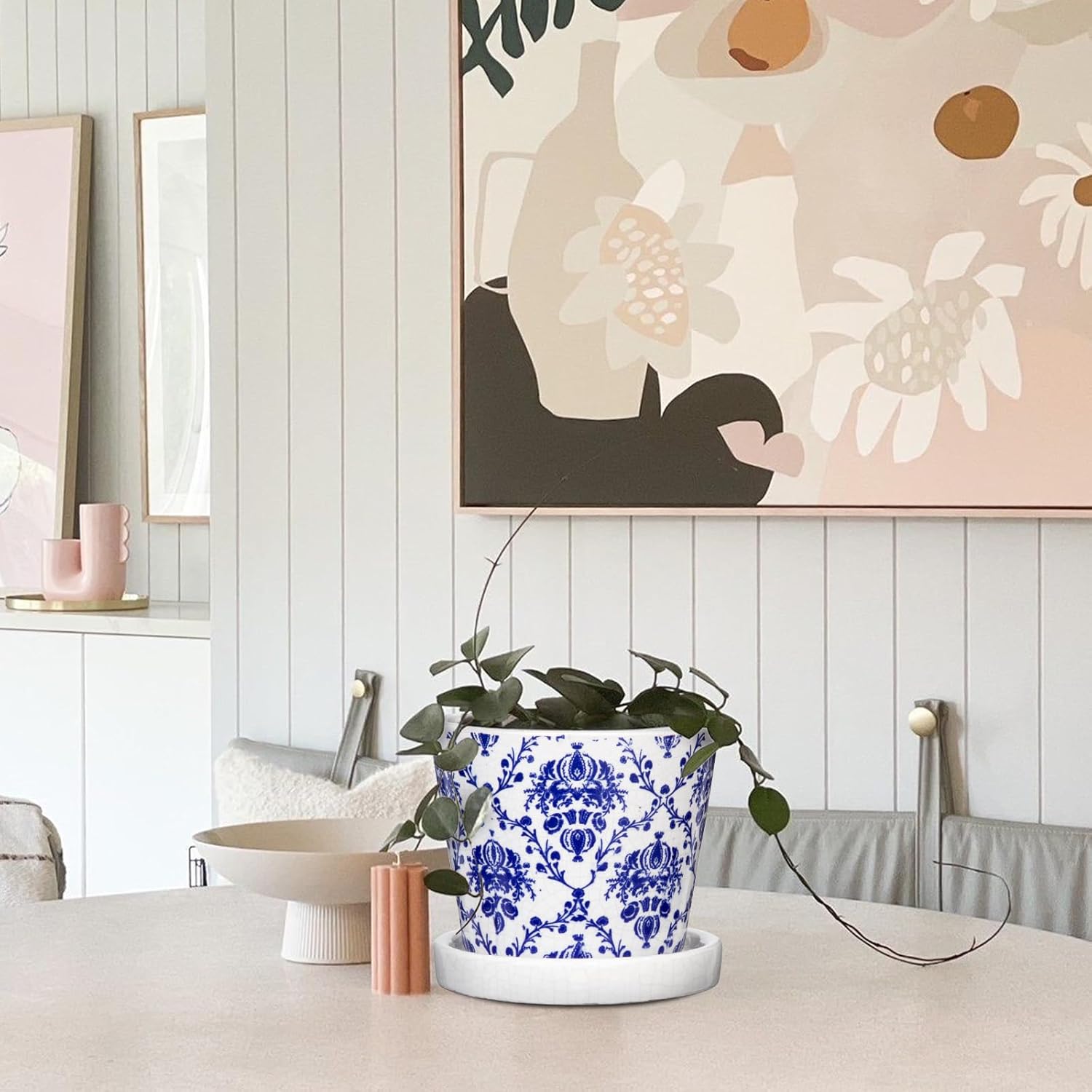 Blue and White Ceramic Pots for Plants, 4.8" + 5.5" Decorative Plant Pots Round Ceramic Planters for Indoor Plants Pots with Drainage Hole Saucers, Retro Planter Pot for Succulents Cactus Flower Pots