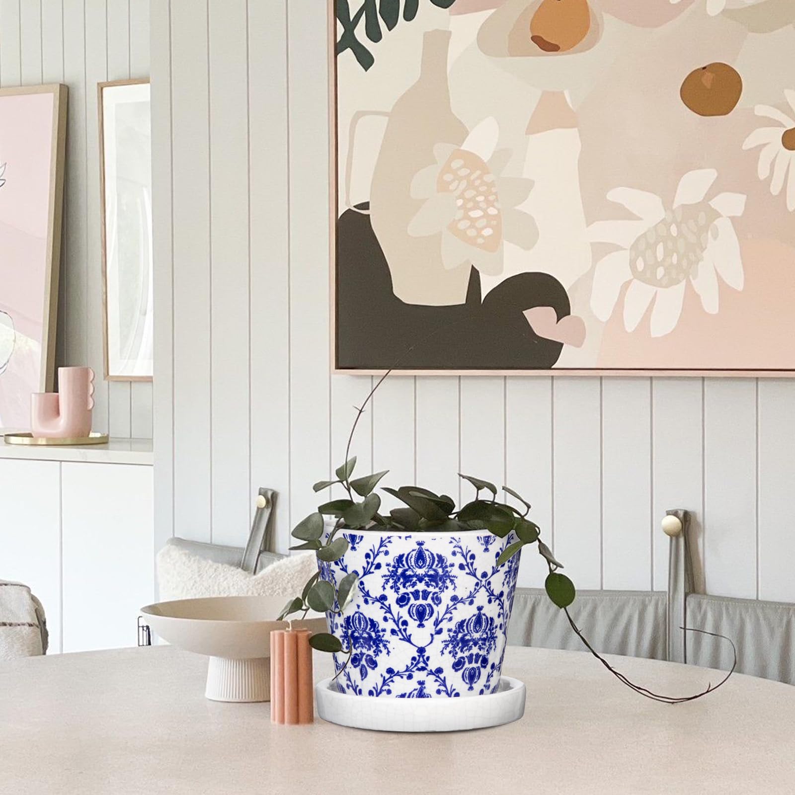 Oairse 2 vasi da fiori in ceramica, rotondi, con fori di drenaggio, sottovasi, piccoli vasi per piante grasse e cactus, interni e esterni, giardino, casa, davanzale