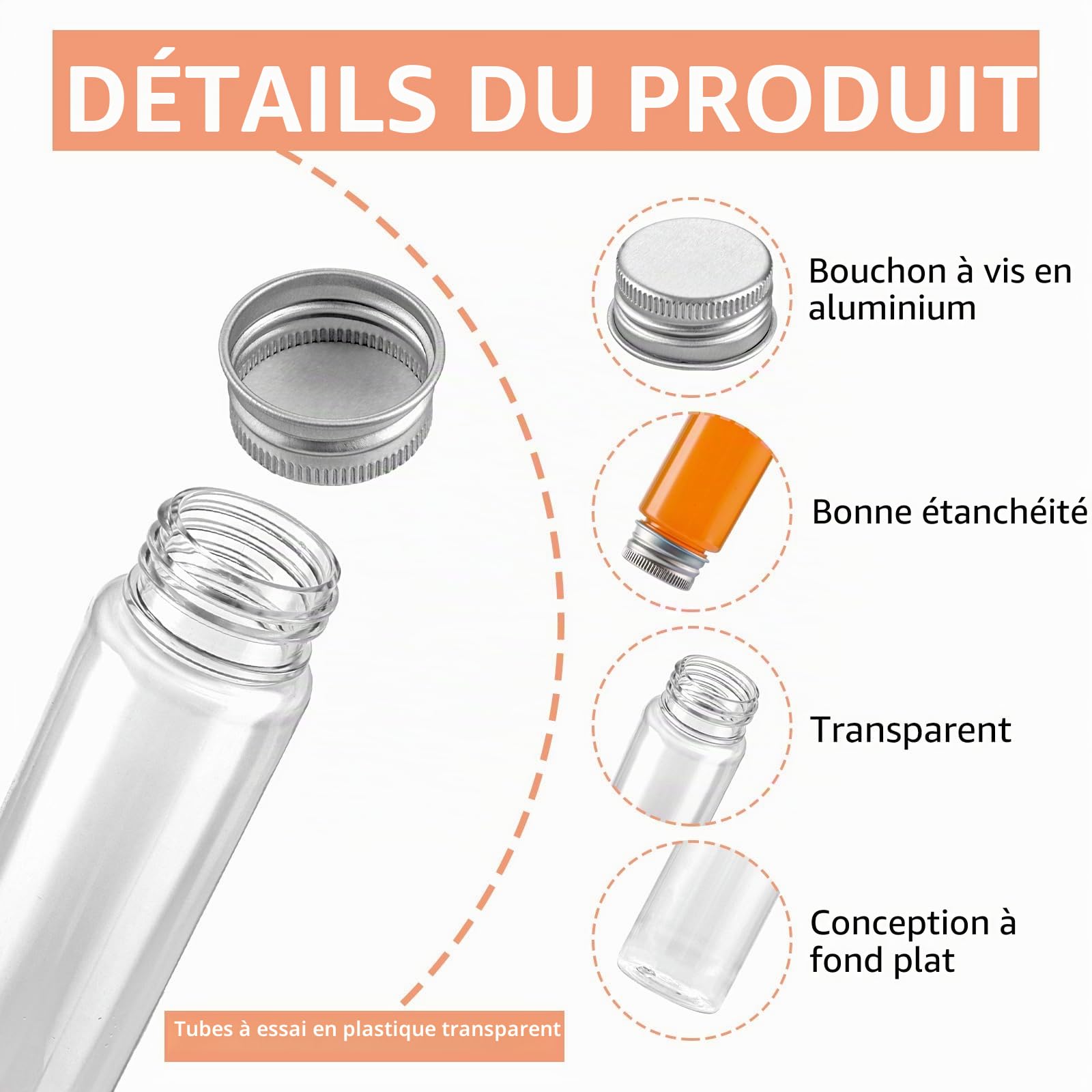 40 Tubes à Essai Plastique 110ml Transparents avec Bouchon Alu, Tubes Plats pour Bonbons, Liquides, Plantes, Décoration - Sécurité Alimentaire, Étanche