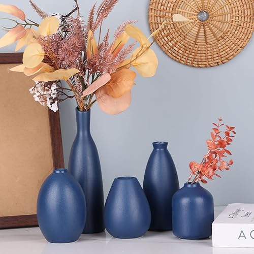 Miniatura 6 de Jarrón de cerámica azul Juego de 5 jarrones azules con diseño moderno de granja azul marino decorativo para el hogar, oficina, sala de estar,