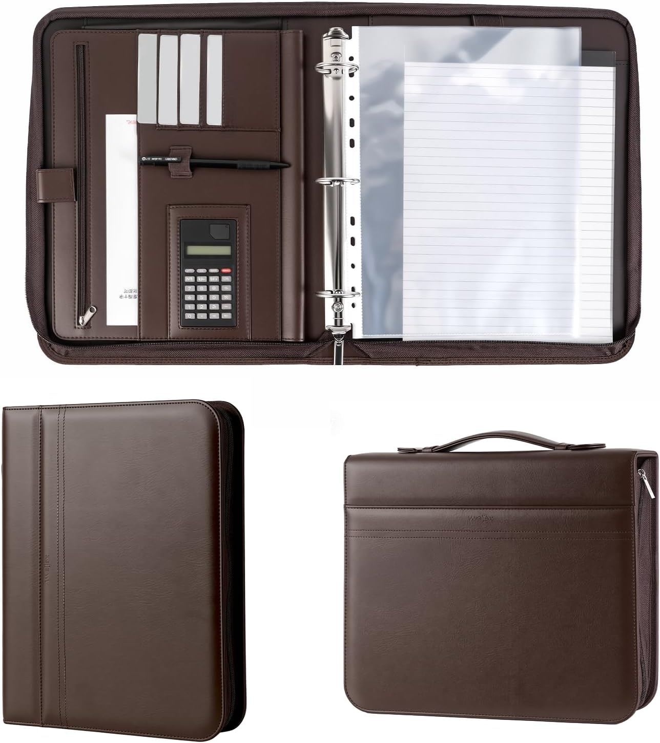 3-Ring Padfolio Portfolio Organizer Binder,Faux Leather Interview Resume Folder,Letter Size A4 Legal Writing Pad Holder for Business School Office Conference Notepad Clip Boards (Brown)