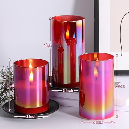 Miniatura 2 de Eywamage Juego de 3 velas LED sin llama de cristal rojo con control remoto, velas parpadeantes de cera real