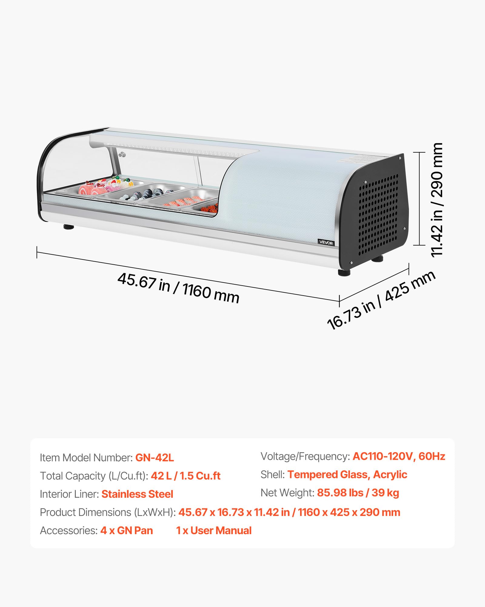 VEVOR Vitrina Refrigerada de 42 L para Sushi, 4 Bandejas, con Vidrio Curvo, Iluminación LED y Control Digital de Temperatura, Ideal para Mostradores, Restaurantes y Tiendas, 1160 x 425 x 290 mm