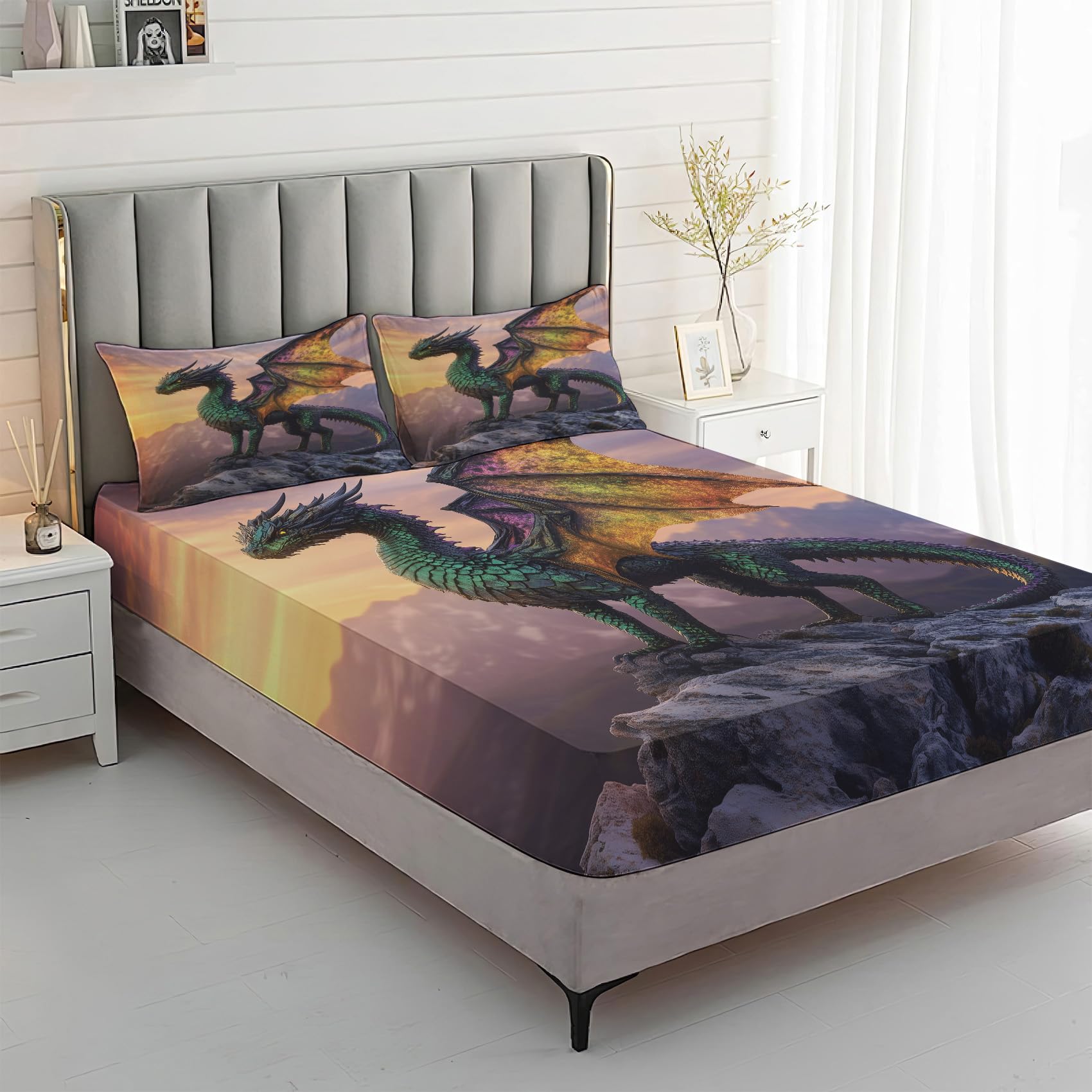 Zvynqour Dragon Bed Sheets Cal King Size - Fantasy Sheet Set - Deep Pocket Fitted Sheets & Flat Sheet & Pillowcases 4 Piece - Mythological Creatures Bedding & Decor - Soft Brushed Microfibe