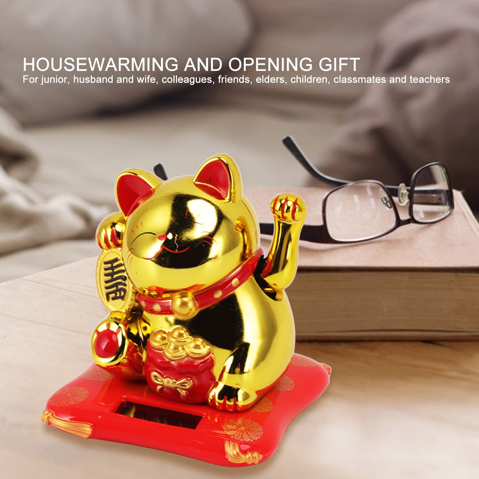 Solar Powered Lucky Waving Cat, Chiński Wealth Lucky Cat Waving Arm Solar Fortune Cat Statue, Beckoning Waving Arm Fortune Lucky Cat for Decorating Front Desk Car Business Opening (Złota Torba Błogosławieństwa)