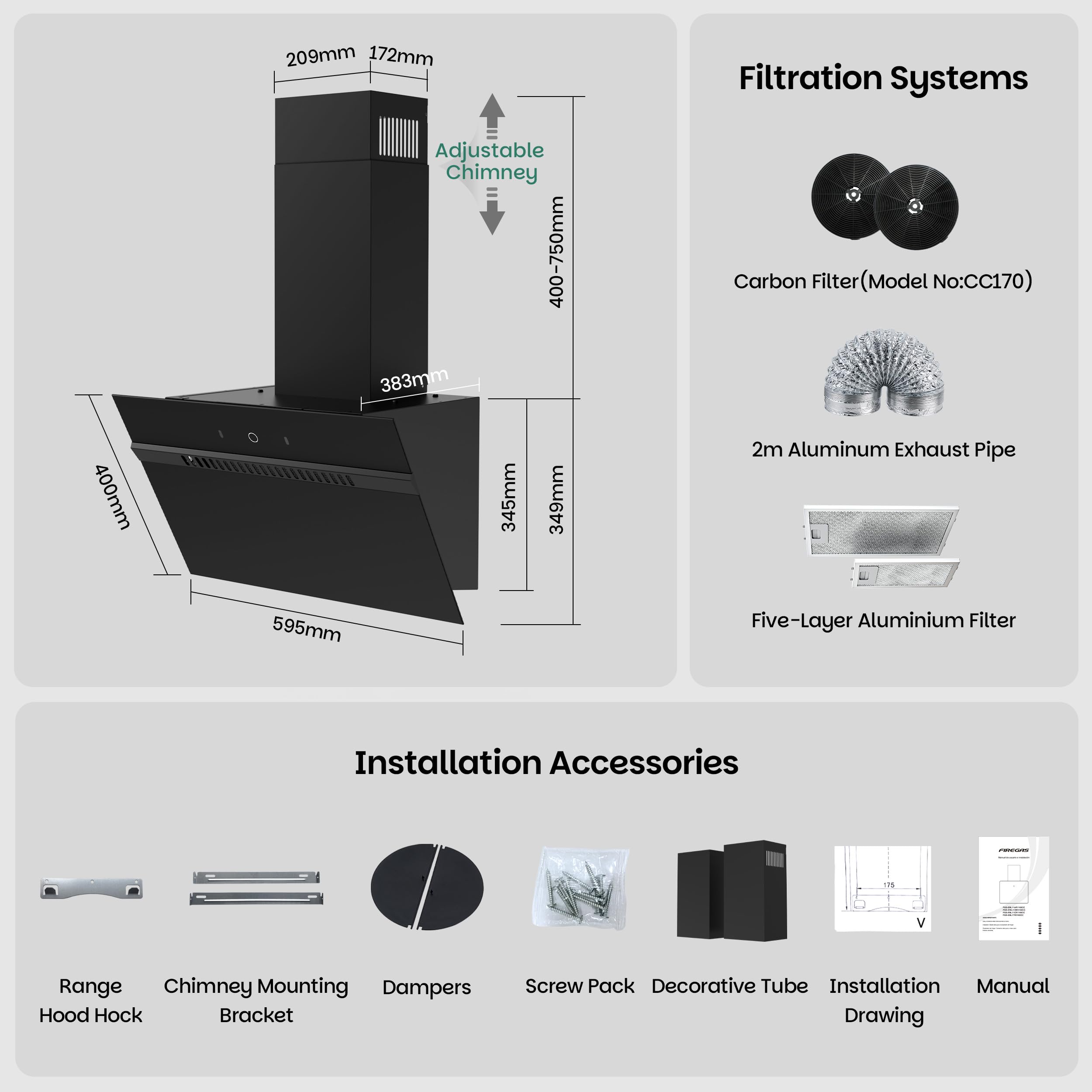 FIREGAS Classe A+++ Cappa Aspirante Inclinata 60cm, 684 m³/h, 9 Velocità, Controllo Touch e a Gesti, Ricircolo ed Estrazione, Cappa Cucina con Filtro a Carbone, Nero