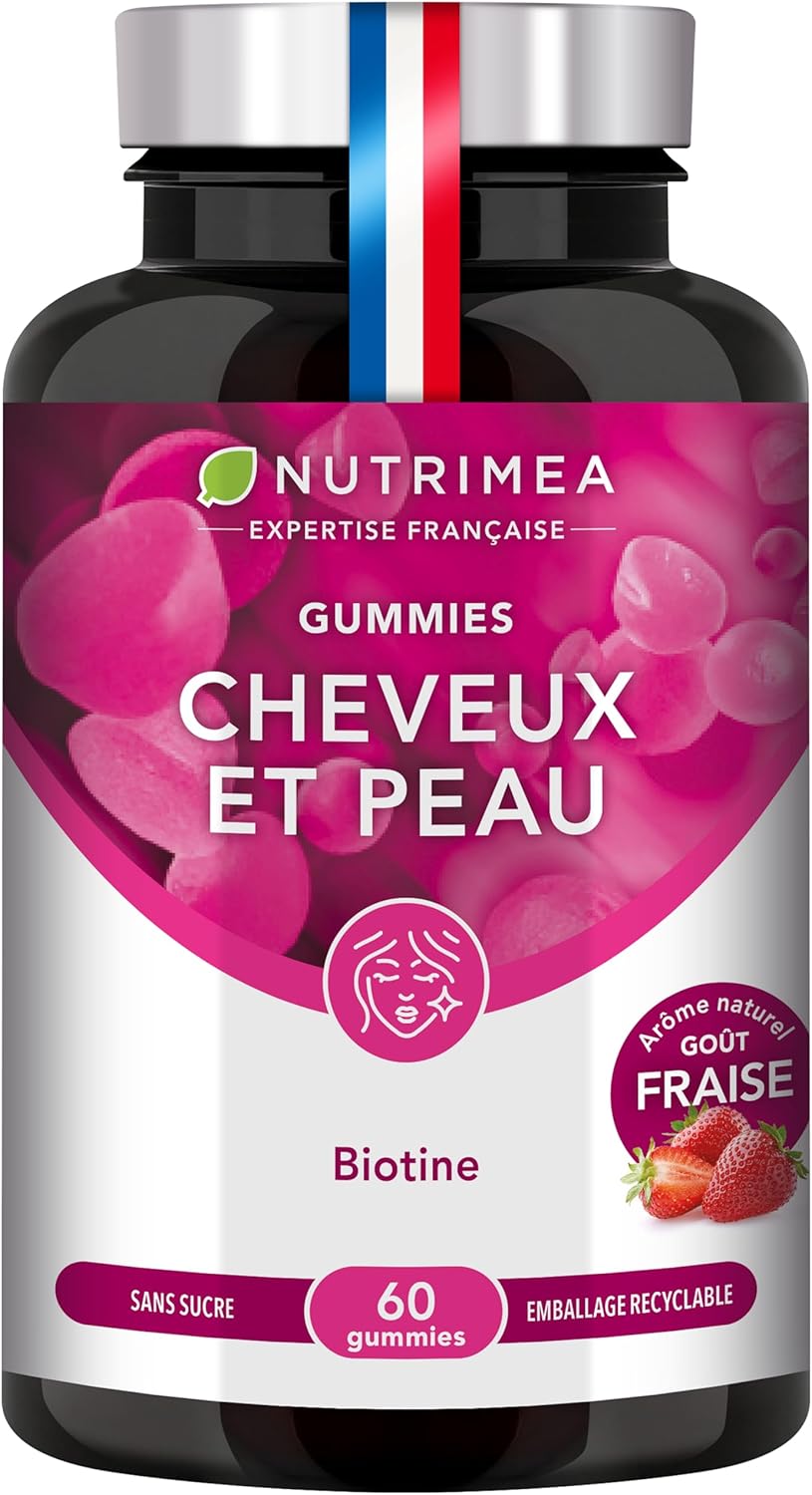 Hair Growth Gummies – Hair and Nail Growth – Skin Quality – With Biotin and Zinc and Selenium – 60 Vegan Gummies – Strawberry Flavour – Nutrimea – Made in France
