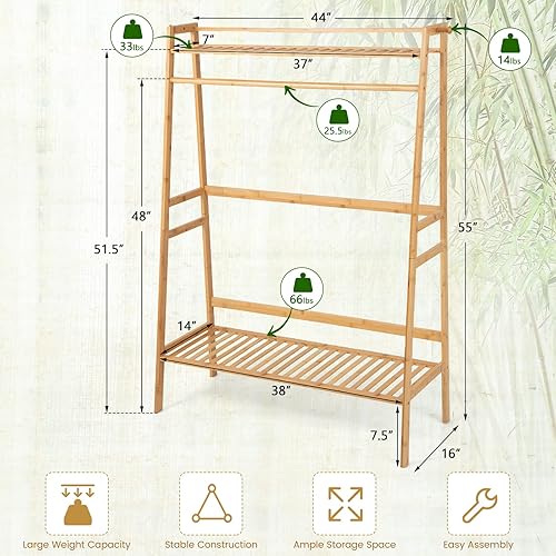Miniatura 4 de Tangkula Perchero de bambú con estantes de almacenamiento, perchero independiente con estante superior, zapatero, 2 ganchos, organizador