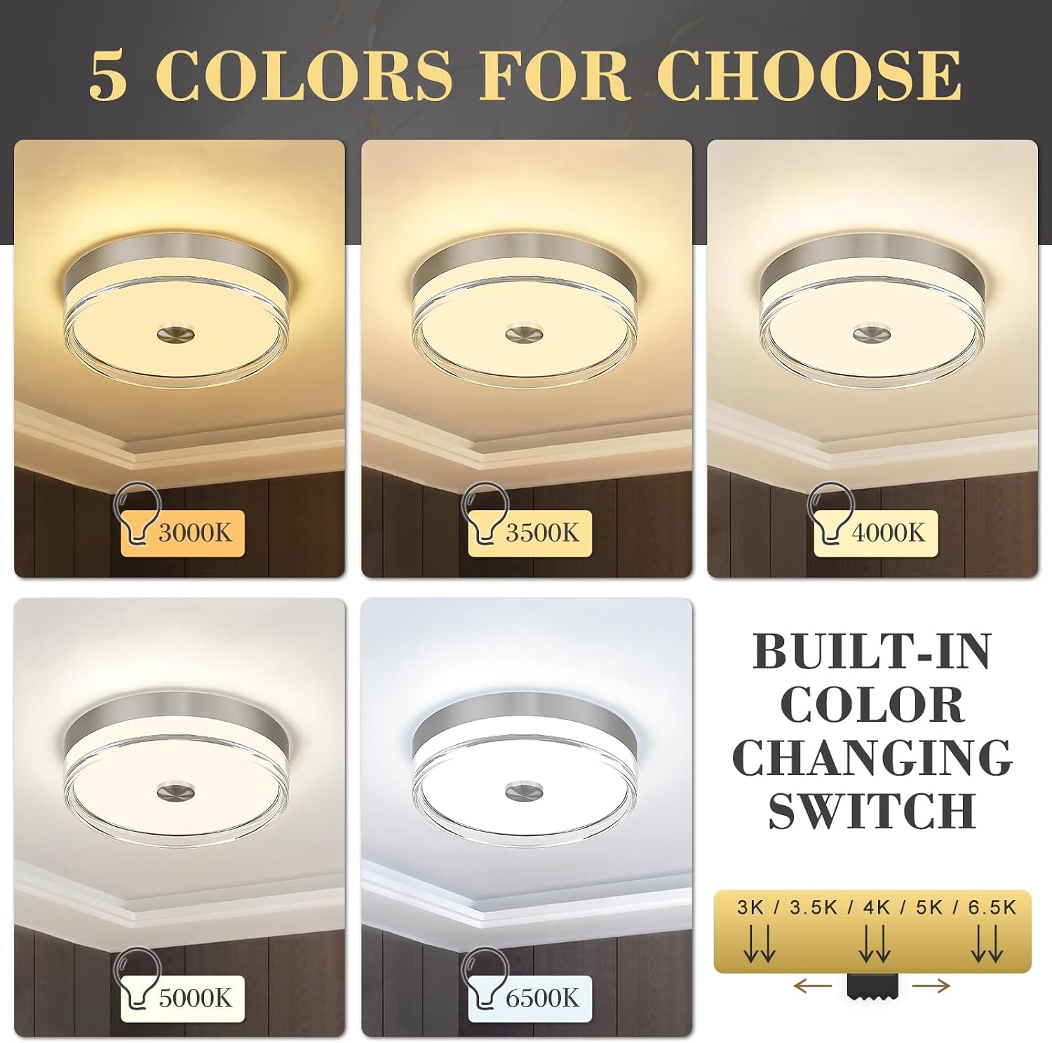 zeyu Ceiling Light Fixture 24W LED, 12 Inch Flush Mount Ceiling Light, Dimmable 5CCT Adjustable, 1517LM Brightness, Brushed Nickel Finish, ZTH98F-LED BN