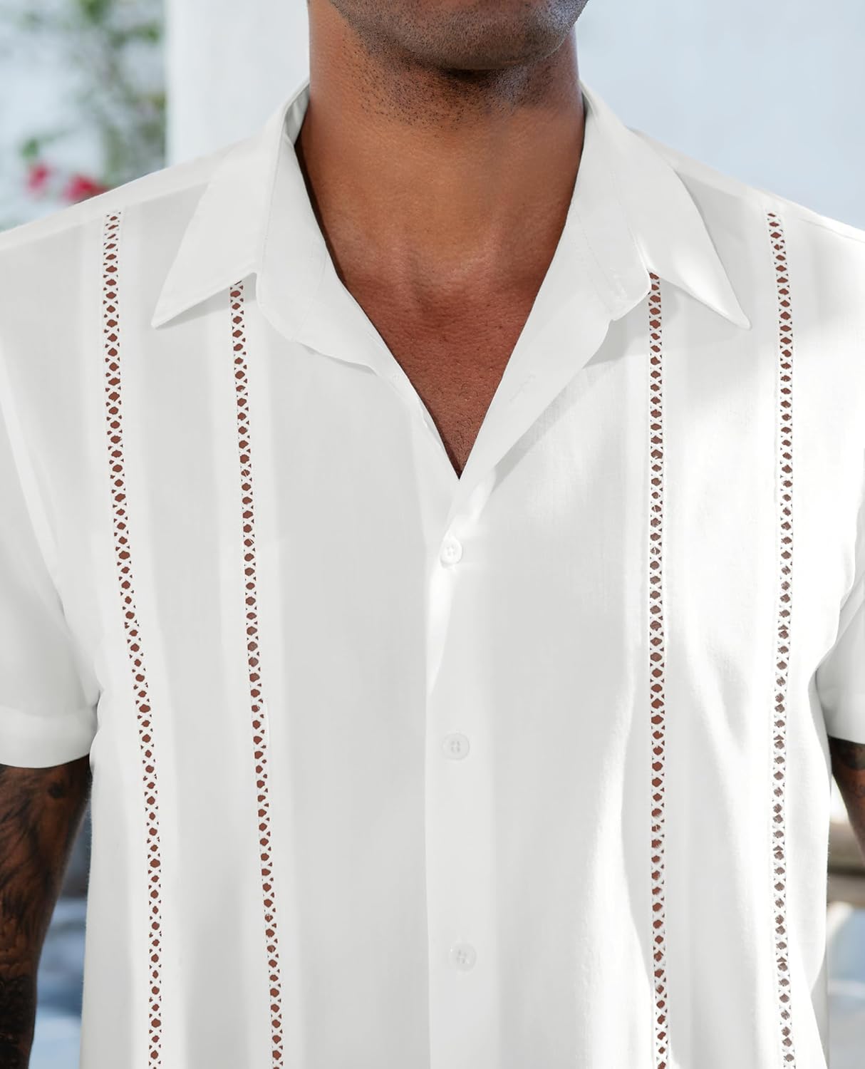 DEMEANOR Mens Linen Short Sleeve Shirt Cuban Guayabera Button Down Casual Summer Beach Vacation Wedding Shirt - Image 4