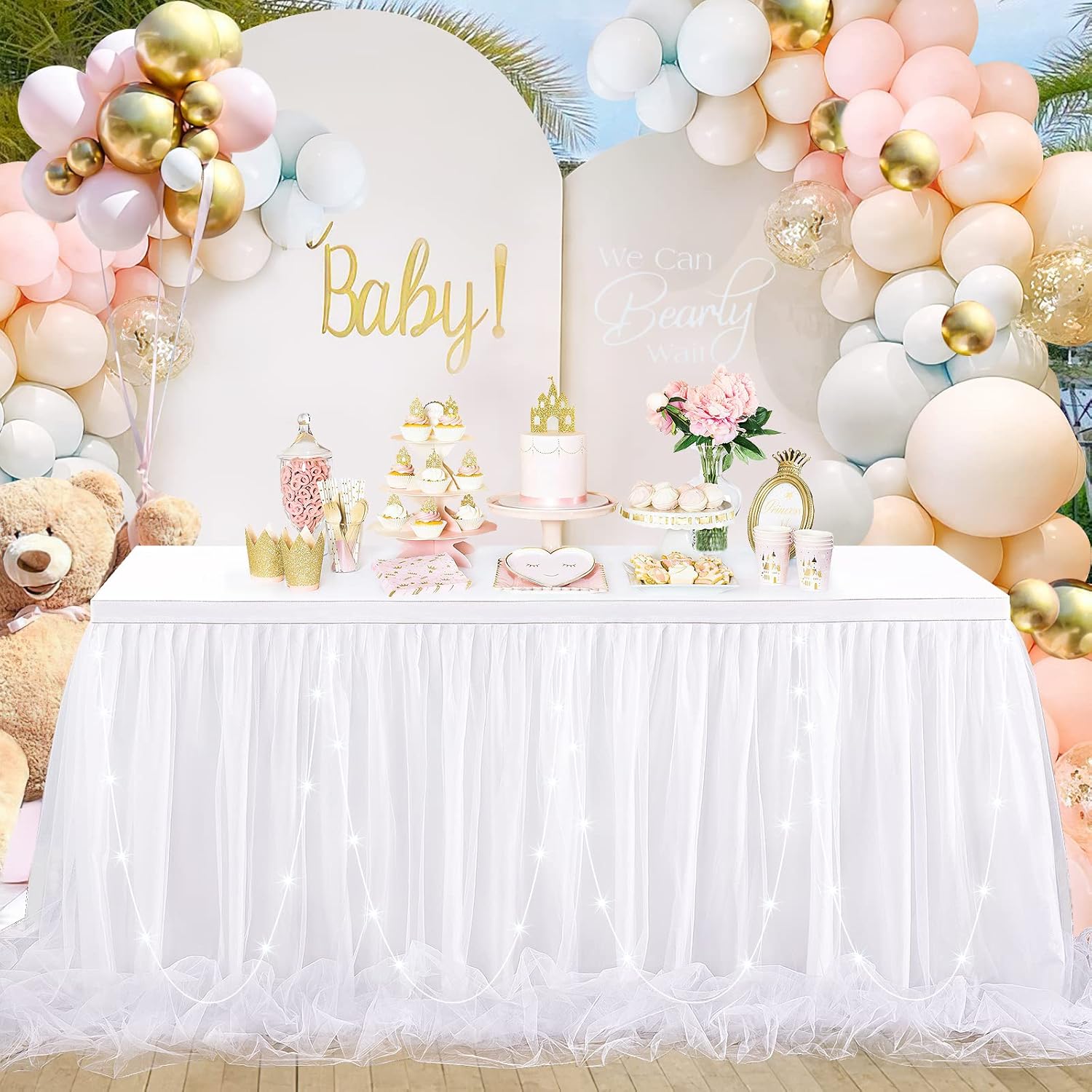 6ft White Tulle Table Skirt for Rectangle Tables or Round Tables with LED Lights Tutu Table Skirts Tablecloth for Birthday Wedding Party Cake Dessert Sweetheart Table Decorations