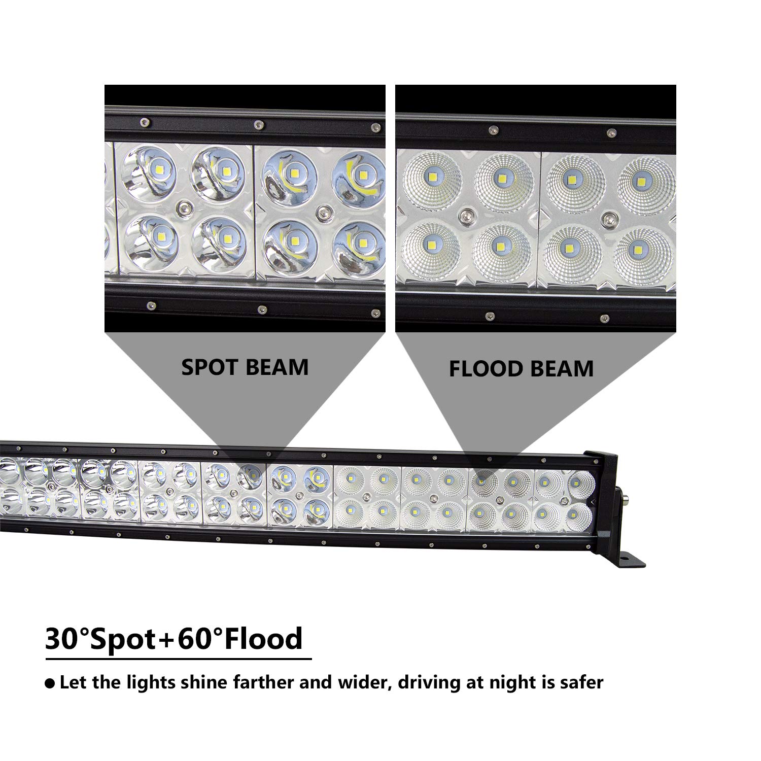 PICAA Barra Luce Led 52 pollici 300W Fuoristrada Doppia Fila Curvo Spot Flood Barra Luminosa da Lavoro a LED Led Luci di Lavoro a Led per FUORI STRADA Moto 4WD SUV ATV UTV Camion