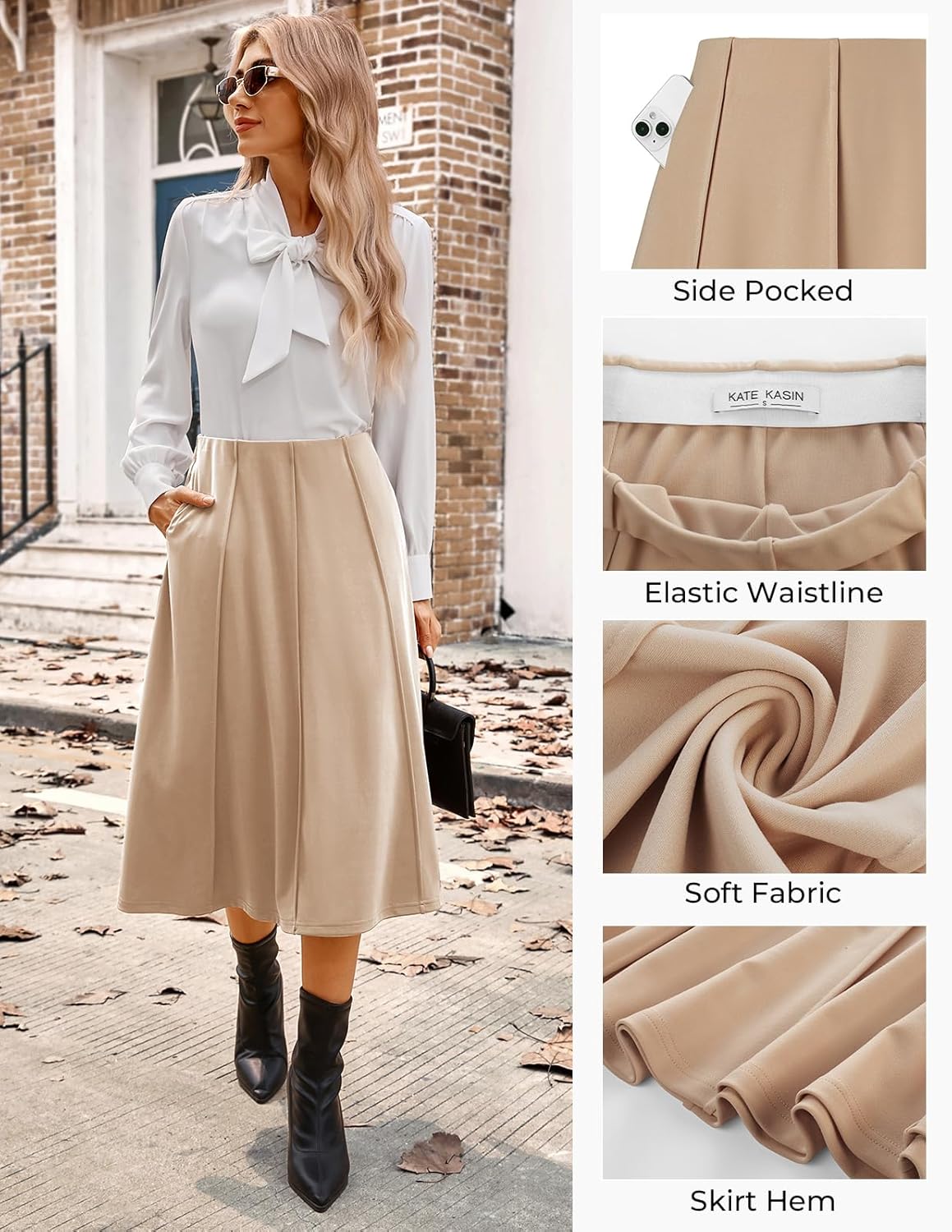 Kate Kasin Women's Pleated Midi Skirt 2025 Fall High Waisted Knee Length Flowy A Line Swing Casual Flared Skirts with Pockets - Image 4