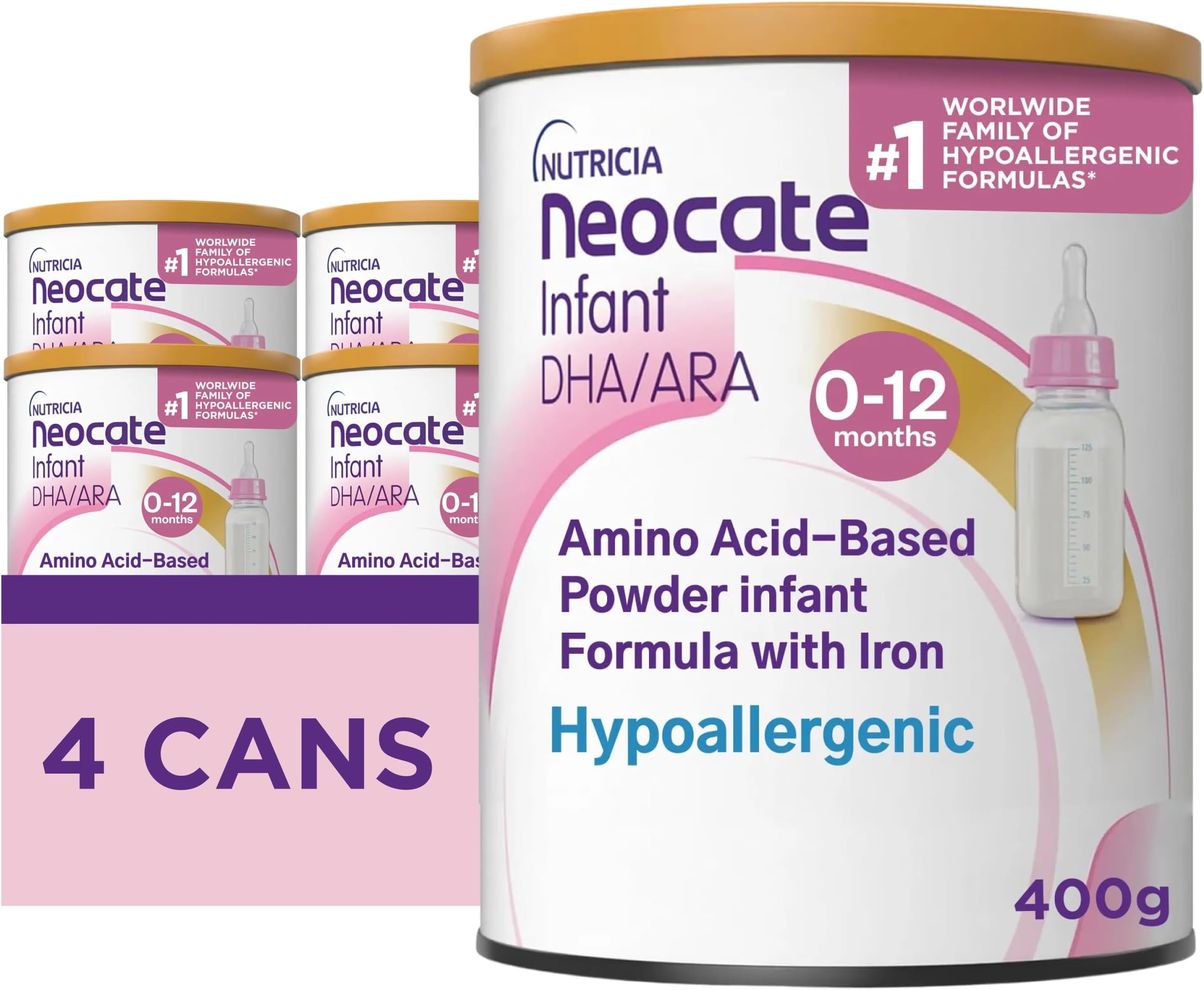 Nutricia Neocate Infant - Food Allergy Relief Hypoallergenic Baby Formula with Amino Acids - Supports Normal Growth - Dairy-Free Infant Formula with DHA, ARA - 0-12 months - 14.1 oz (4-Pack)