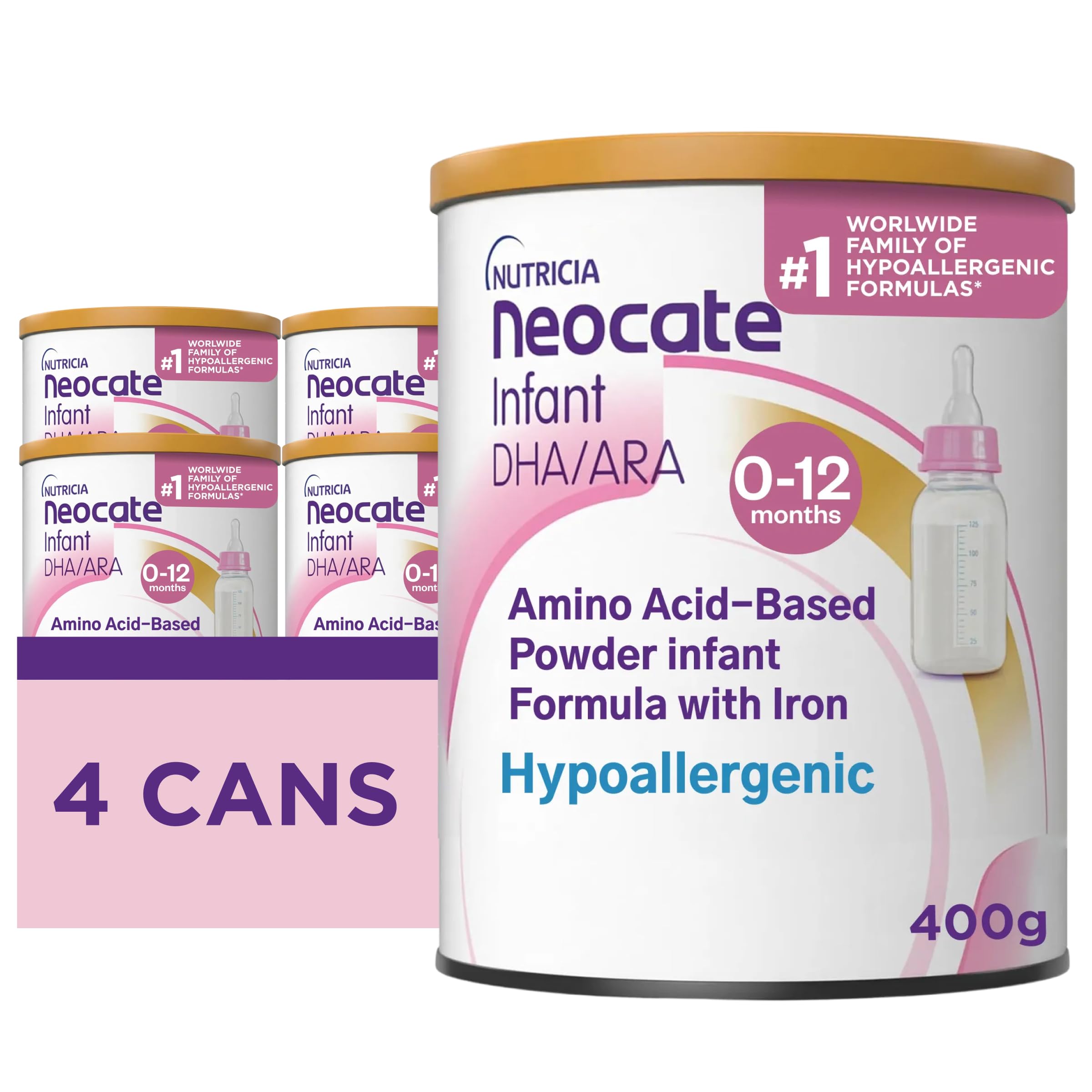 Nutricia Neocate Infant - Hypoallergenic, Amino Acid-Based Baby Formula - Well-Tolerated & Supports Normal Growth - Infant Formula with DHA, ARA & Iron - 14.1 oz can (Pack of 4)