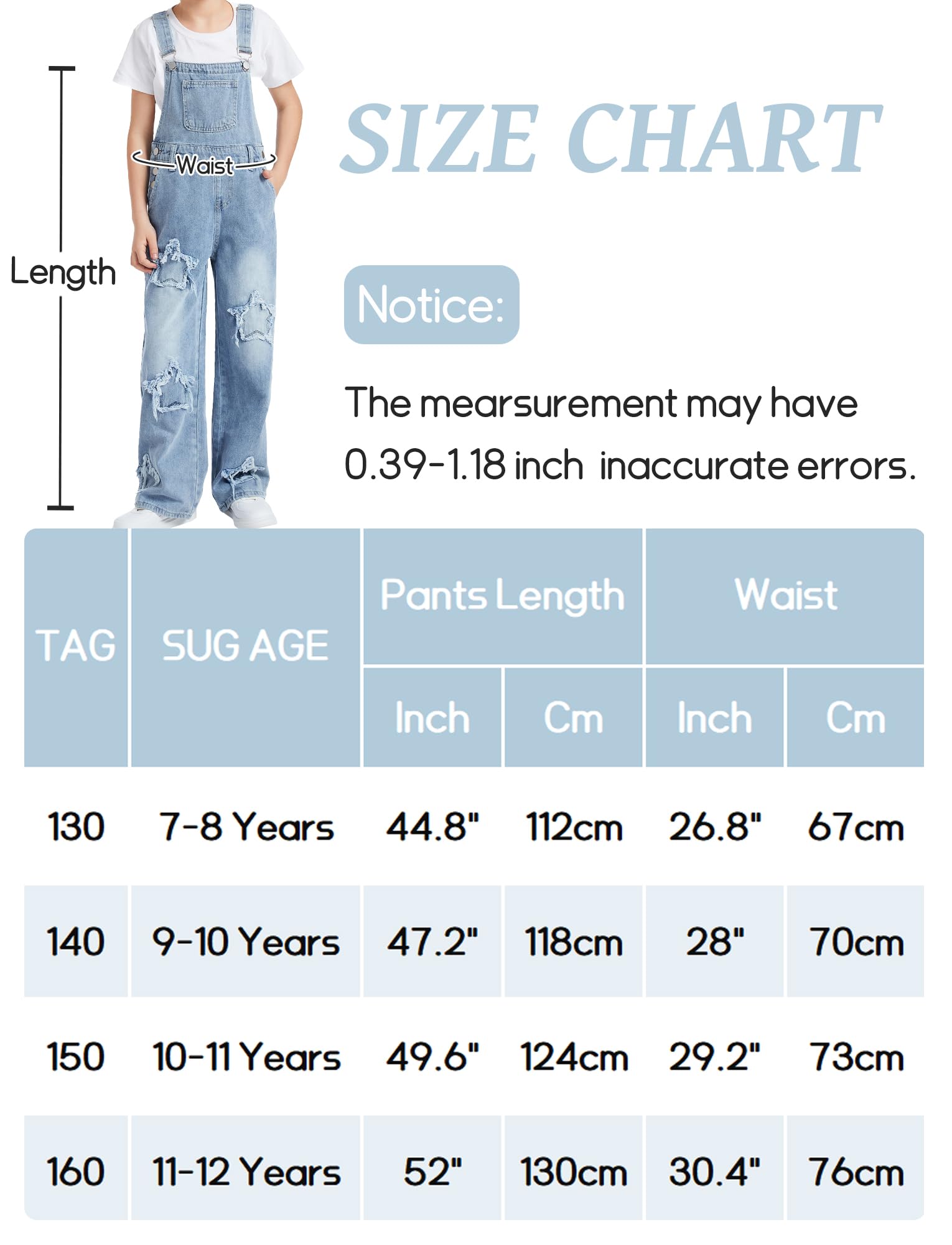 Maeau Latzhose Denim für Kinder Mädchen 7-12 Jahre Jeans mit Weitem Bein Mode Jumpsuit Baggy Gerades Bein Overall Loose Fit Jeanshose Elastischer Bund Komfortabel Weich