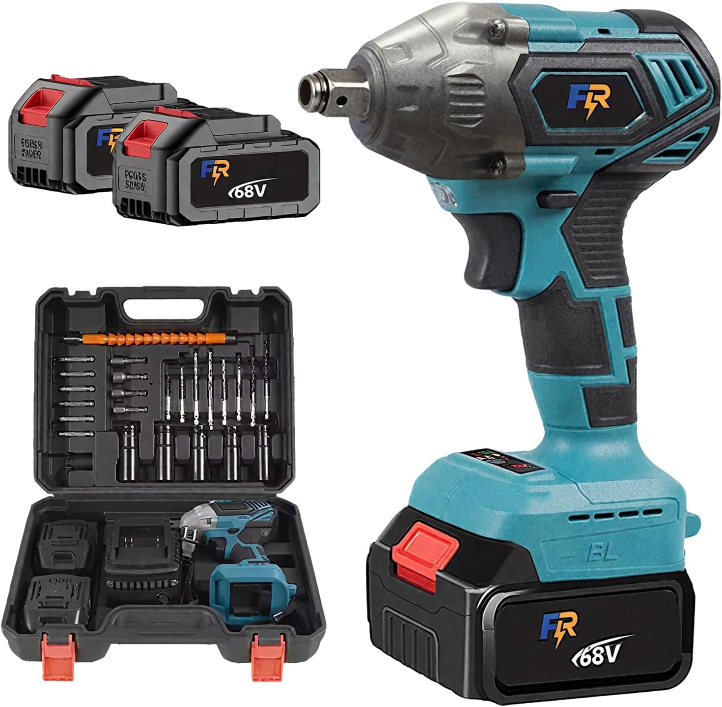Chave de Impacto Elétrica Sem Fio 800N.M 68V – Kit com 2 Baterias 1.3Ah, Motor Brushless, Entrada Dupla 1/2″ e 1/4″, Carregador Rápido e Acessórios Completos