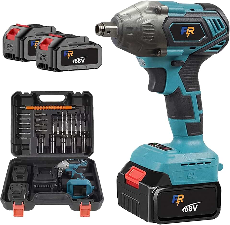 Chave de Impacto Elétrica Sem Fio 800N.M 68V - Kit com 2 Baterias 1.3Ah, Motor Brushless, Entrada Dupla 1/2" e 1/4", Carregador Rápido e Acessórios Completos
